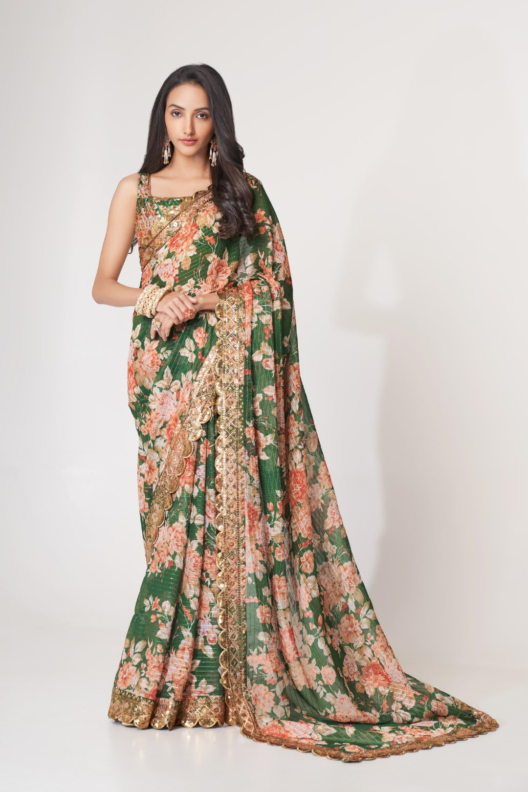 Women's Green Organza Print Saree - Meghalya