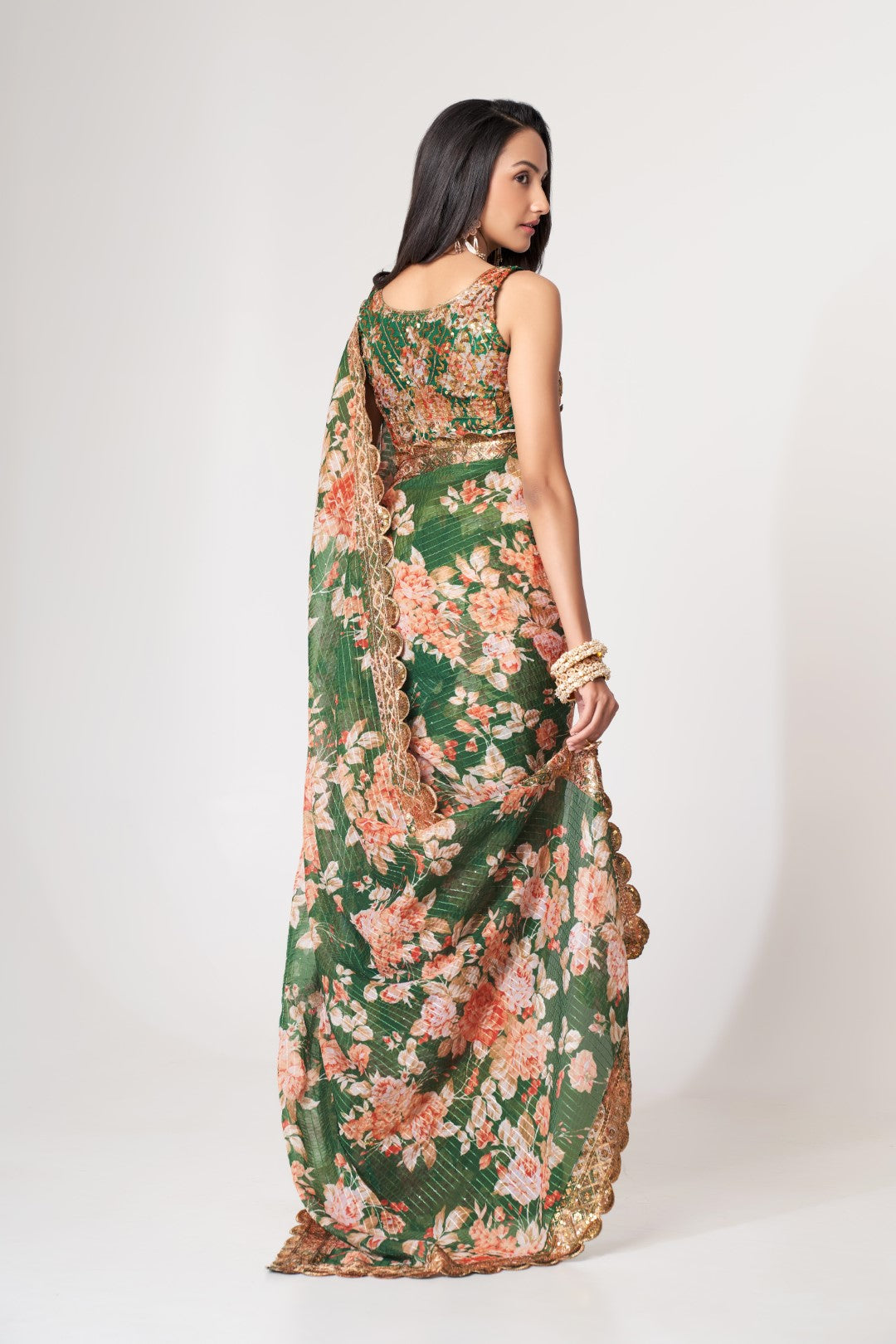 Women's Green Organza Print Saree - Meghalya