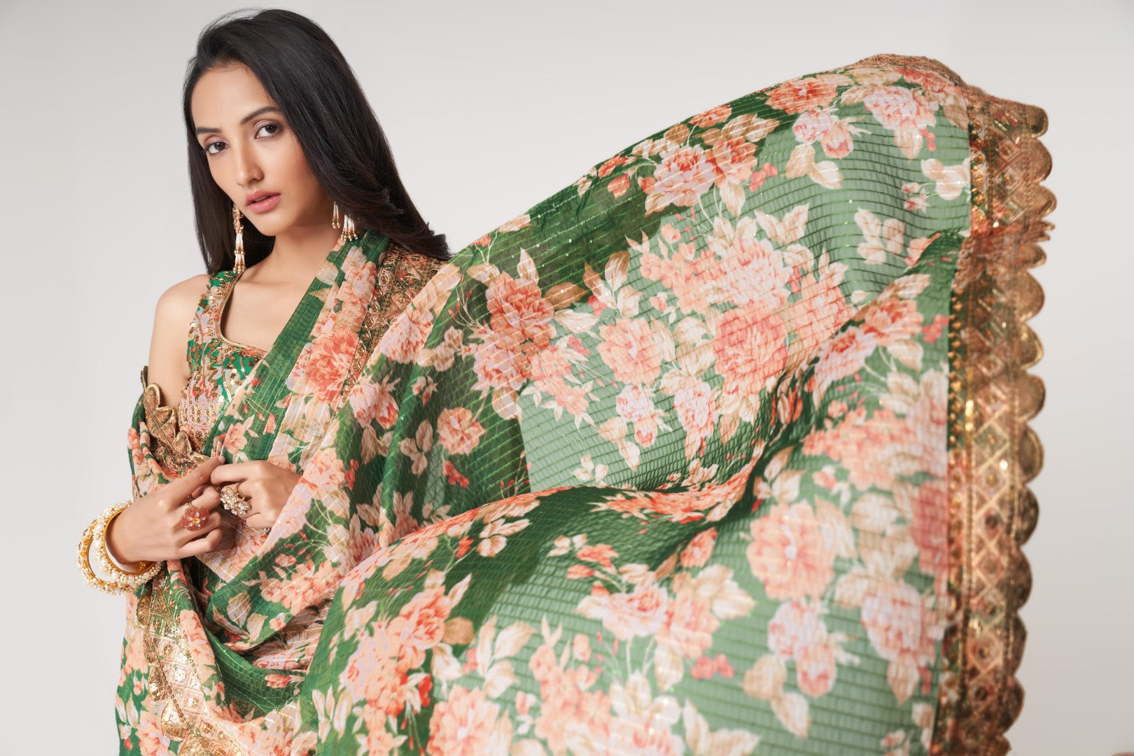 Women's Green Organza Print Saree - Meghalya