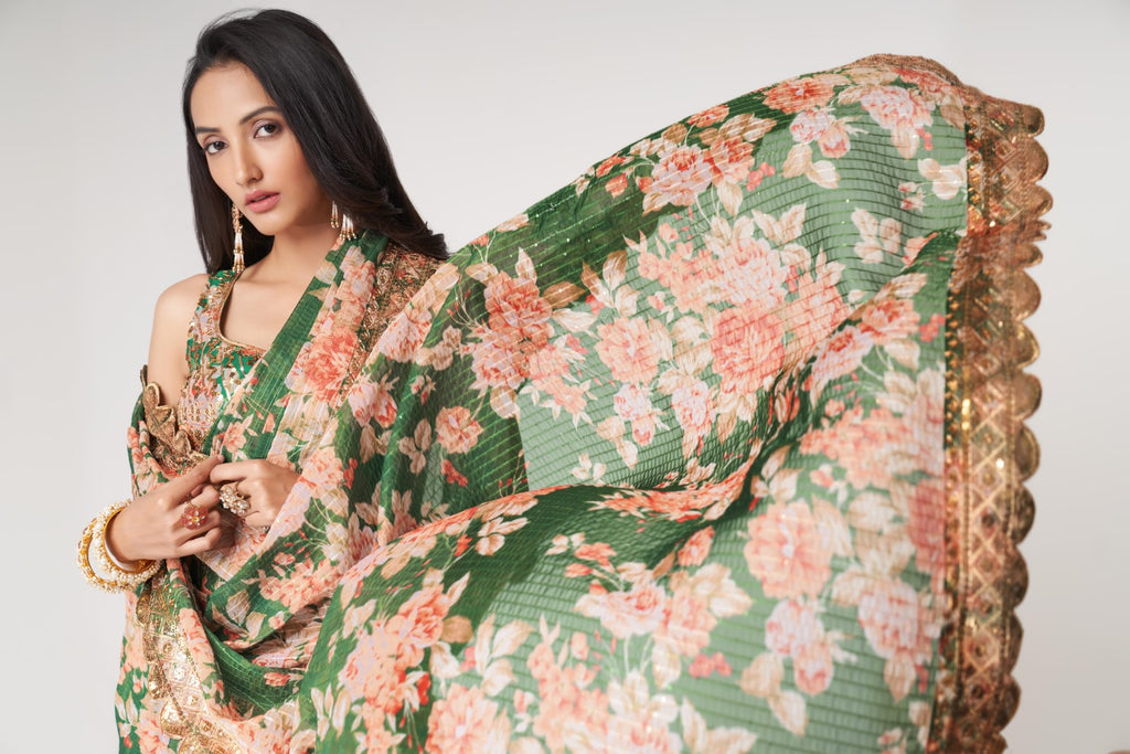 Women's Green Organza Print Saree