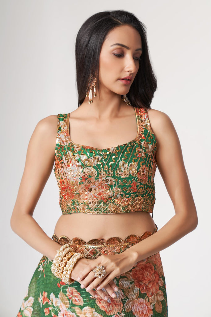 Women's Green Organza Print Saree