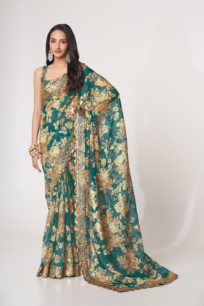 Women's Teal Blue Organza Print Saree