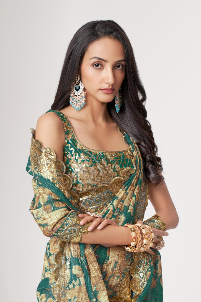 Women's Teal Blue Organza Print Saree