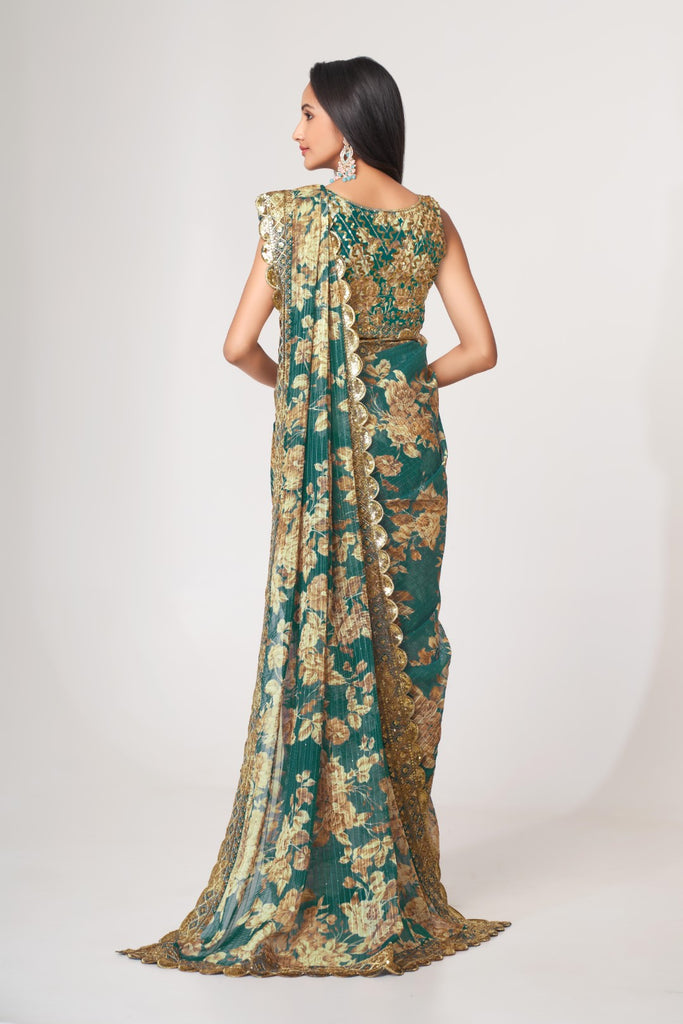 Women's Teal Blue Organza Print Saree