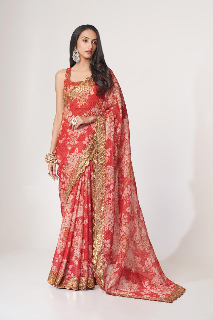 Women's Red Organza Print Saree