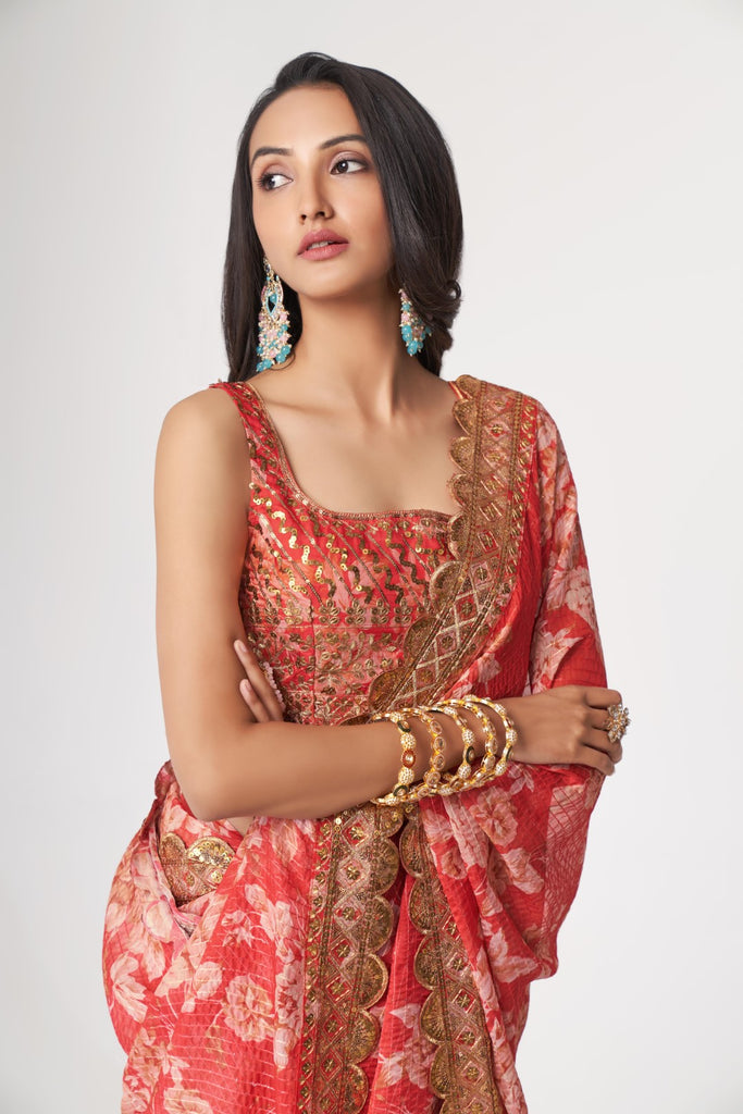 Women's Red Organza Print Saree