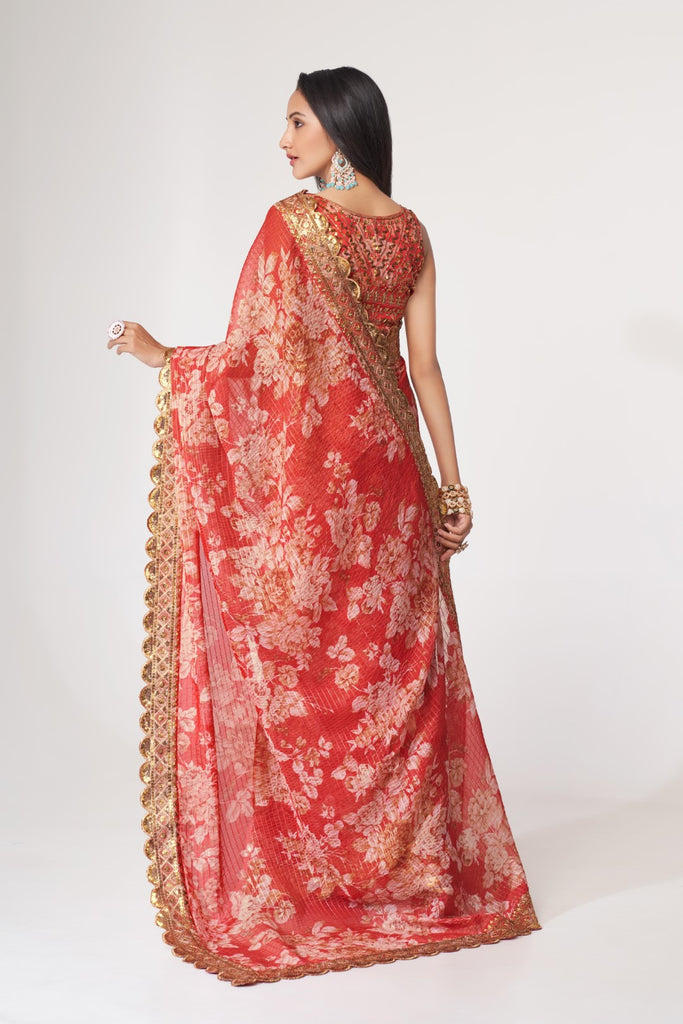 Women's Red Organza Print Saree