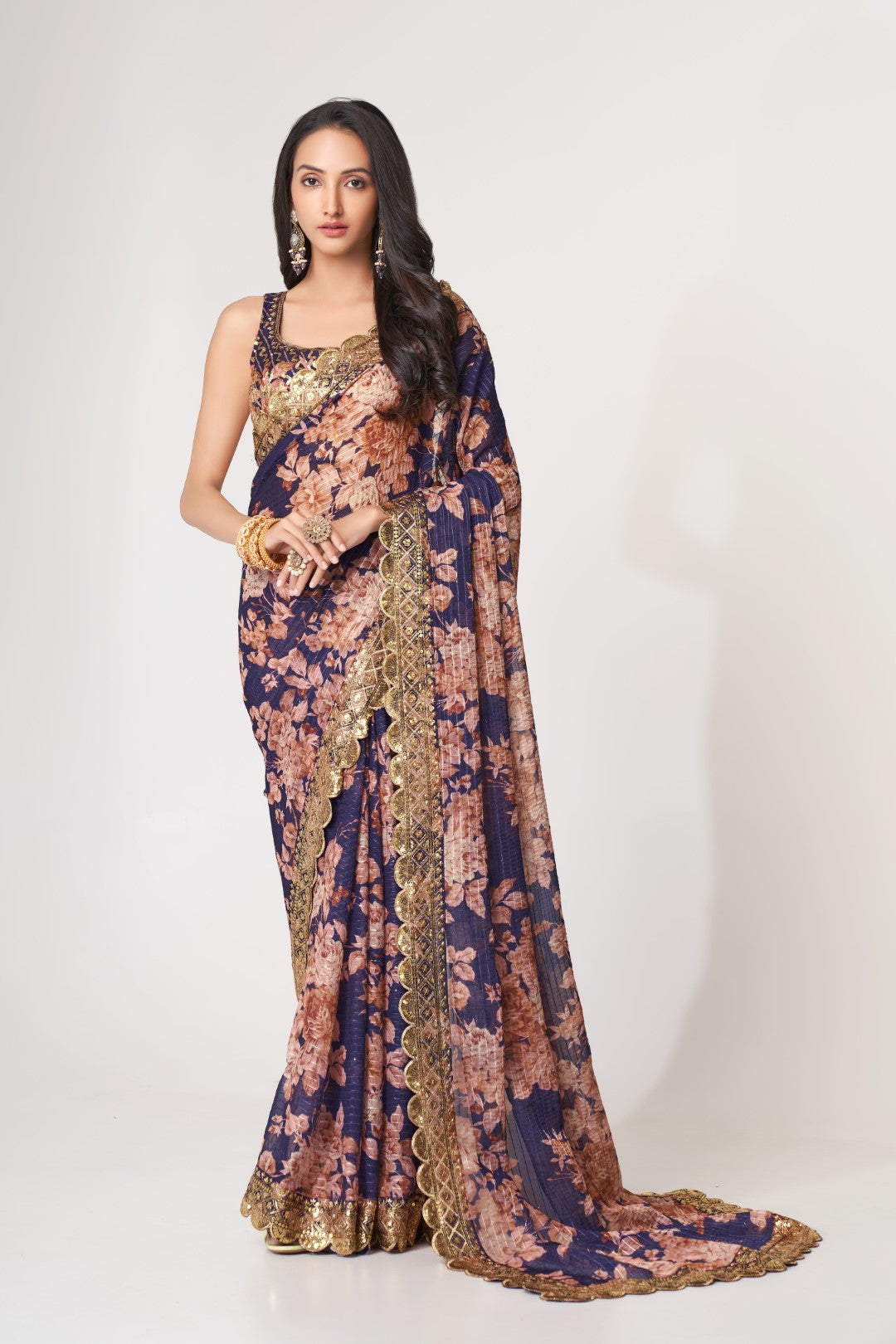 Women's Purple Organza Print Saree - Meghalya