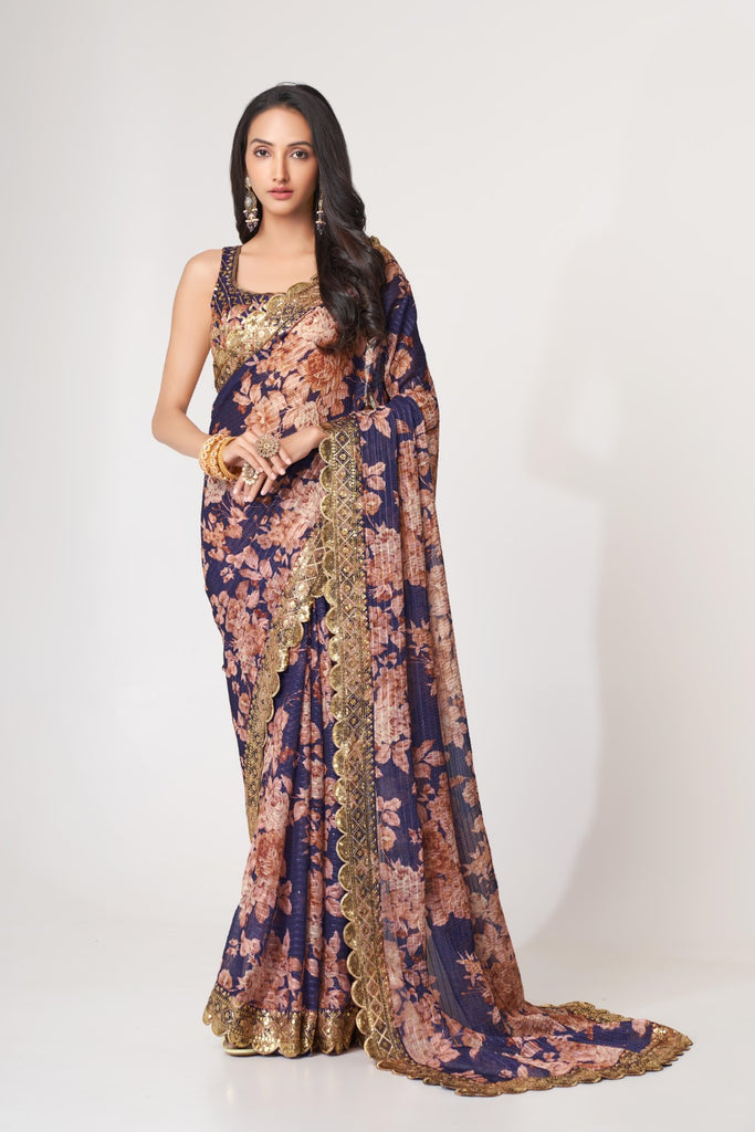 Women's Purple Organza Print Saree