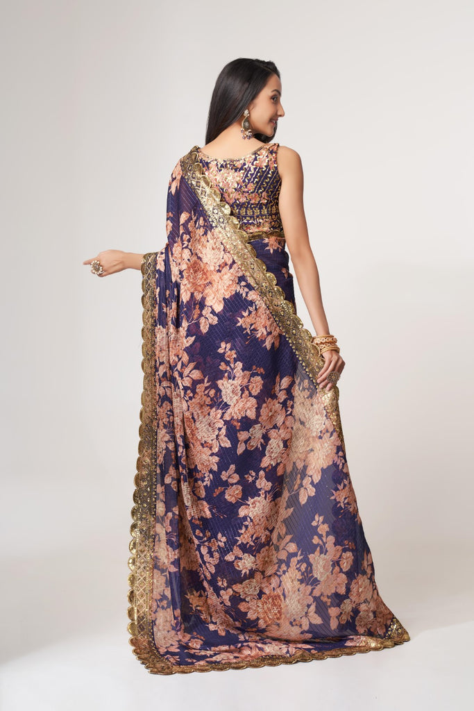 Women's Purple Organza Print Saree