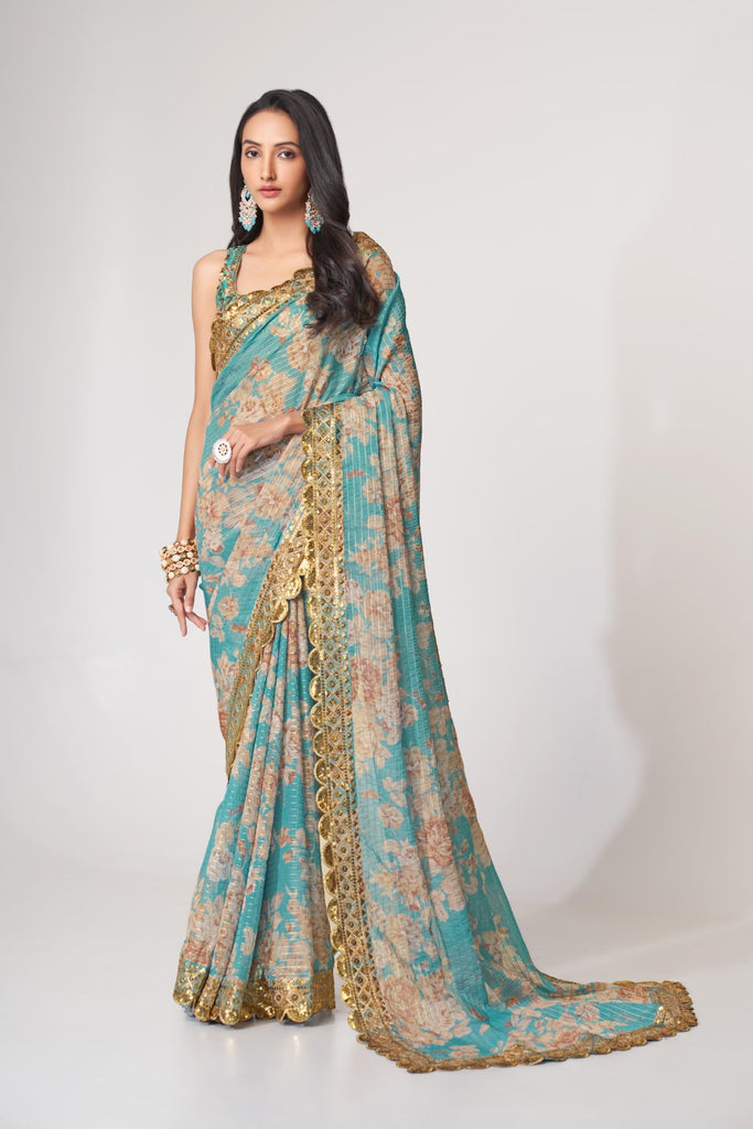 Women's Sky Blue Organza Print Saree