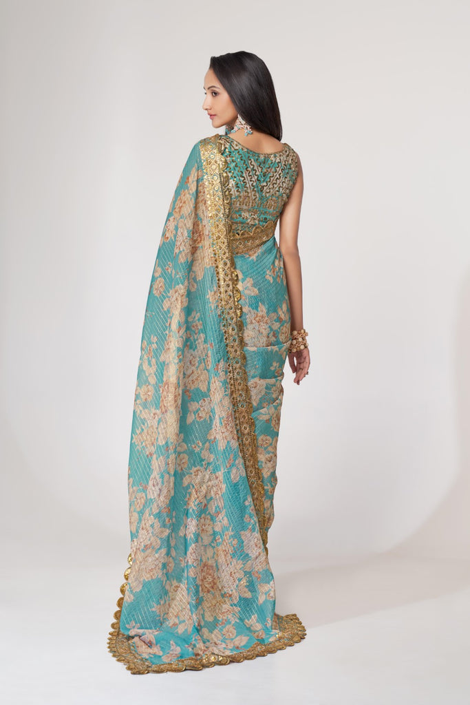 Women's Sky Blue Organza Print Saree