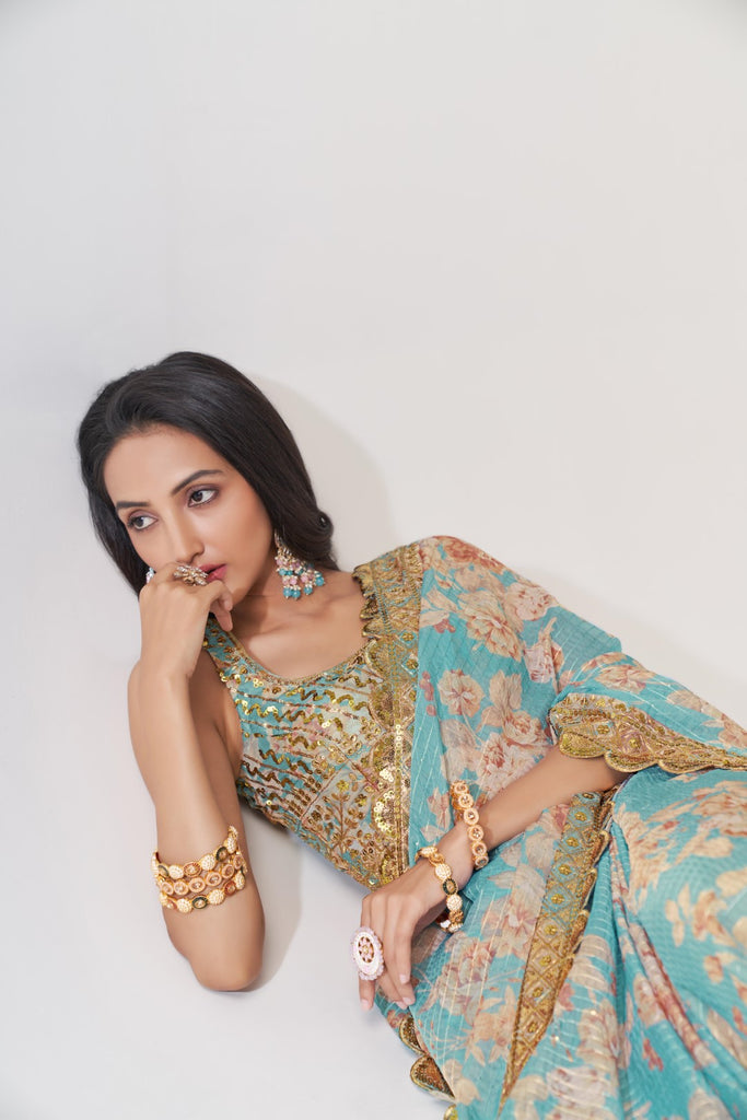 Women's Sky Blue Organza Print Saree
