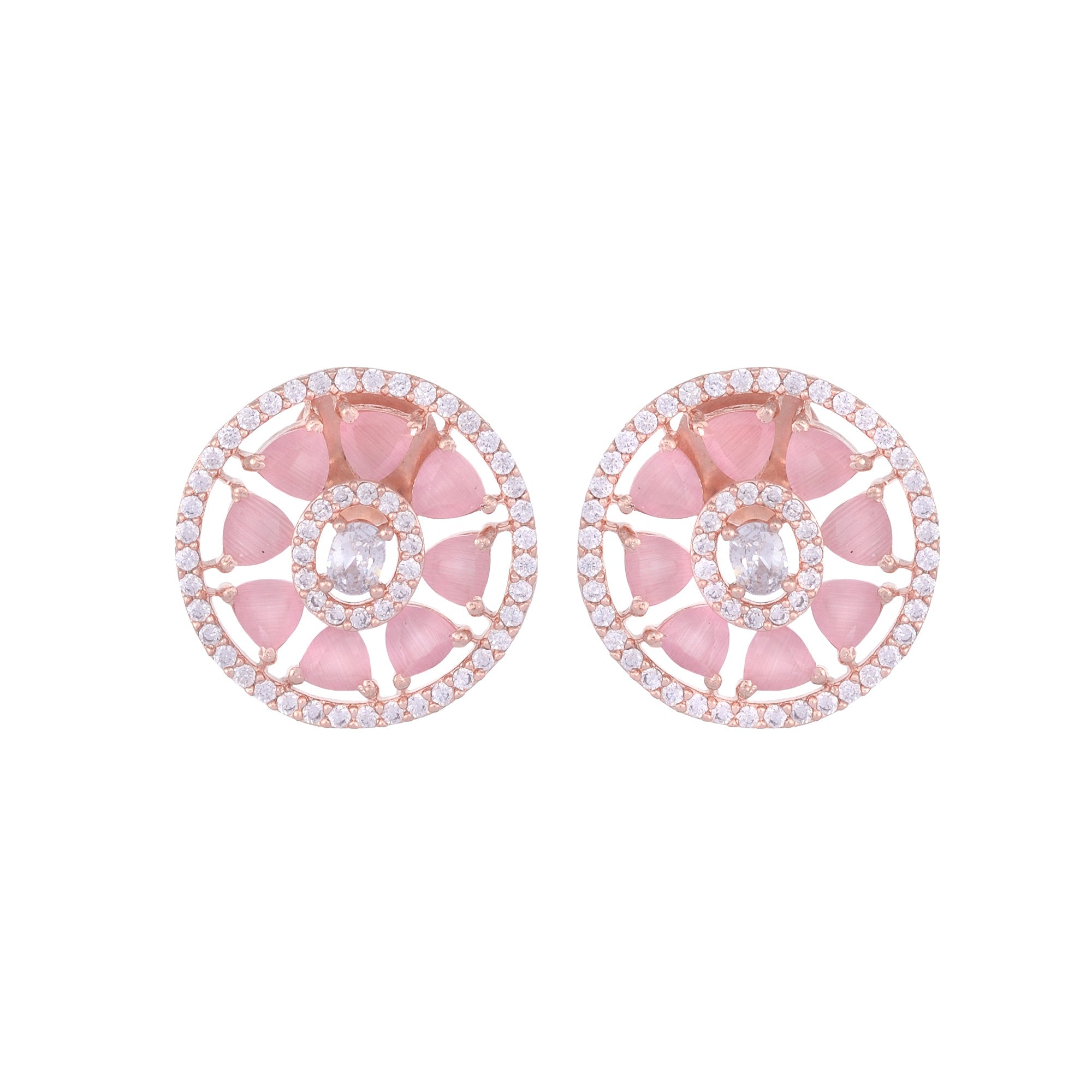 Elegant Pastel Pink Floral Studs Ad Encrusted Rose Gold Plated Small Earrings for Women and Girls