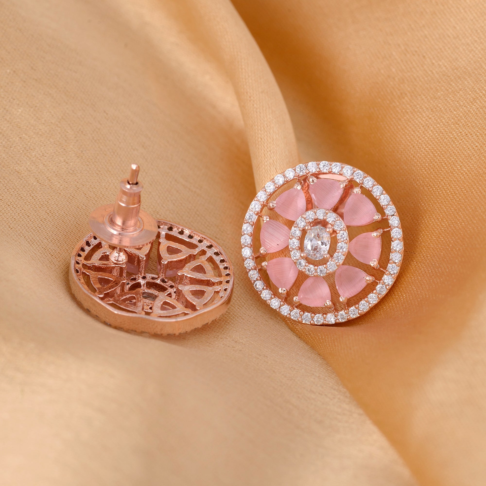 Elegant Pastel Pink Floral Studs Ad Encrusted Rose Gold Plated Small Earrings for Women and Girls
