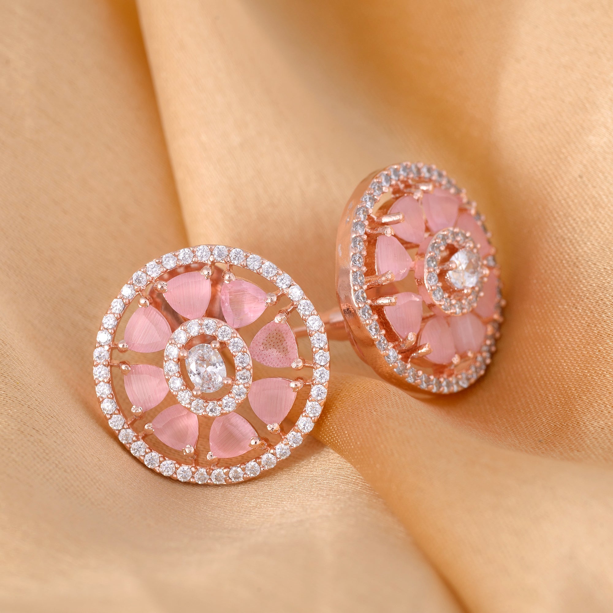 Elegant Pastel Pink Floral Studs Ad Encrusted Rose Gold Plated Small Earrings for Women and Girls