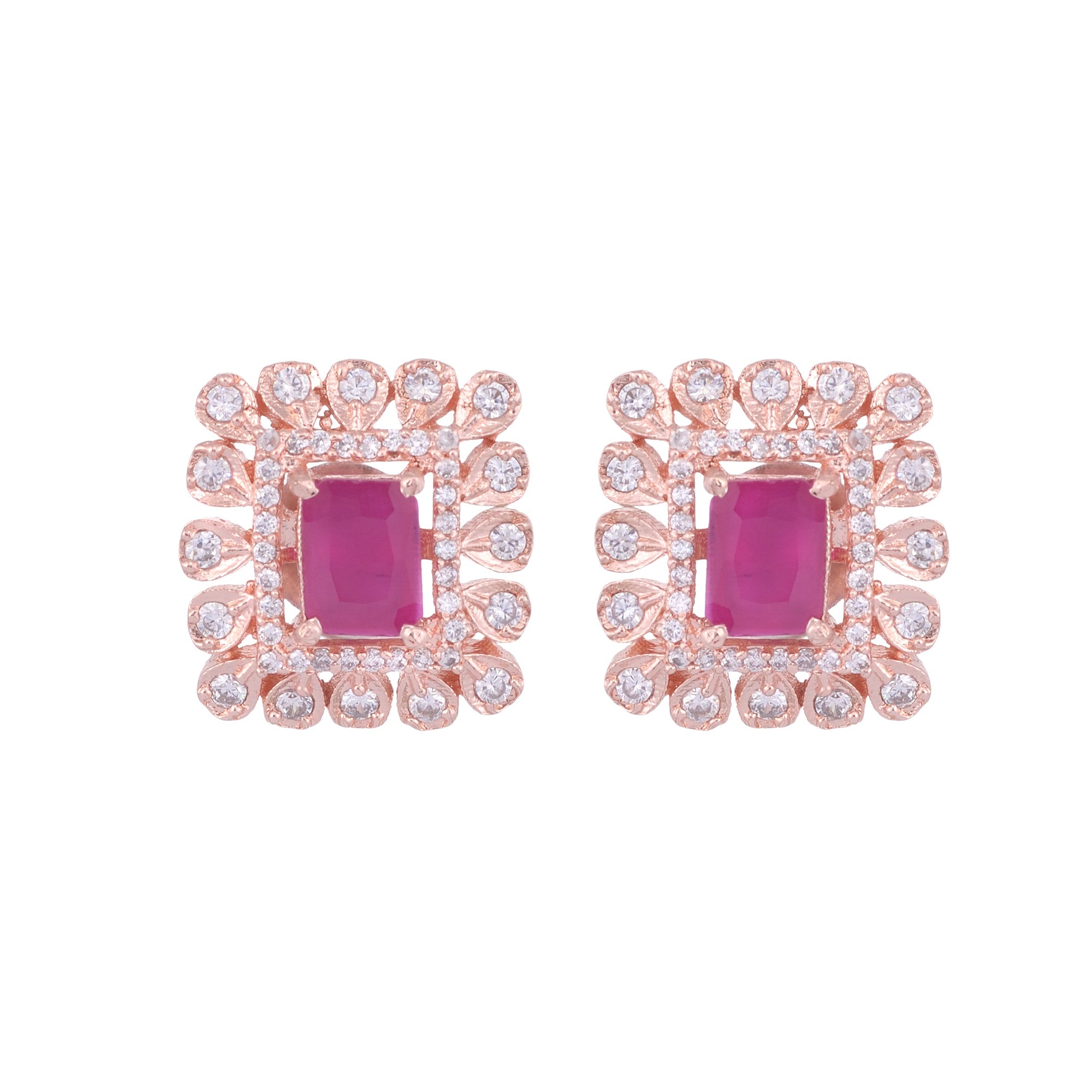 Modern Square Shaped Pink Tops Rose Gold Plated Studs Ad Studded Small Earrings for Women and Girls