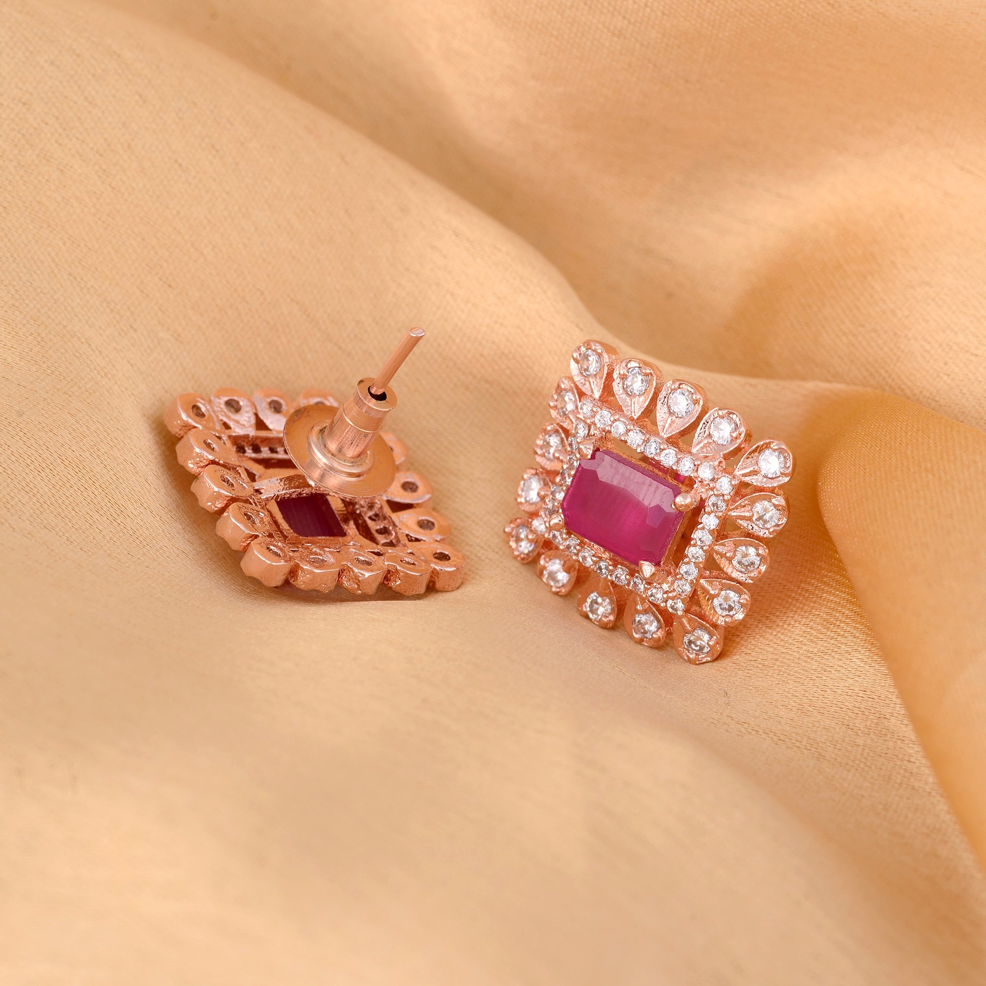 Modern Square Shaped Pink Tops Rose Gold Plated Studs Ad Studded Small Earrings for Women and Girls