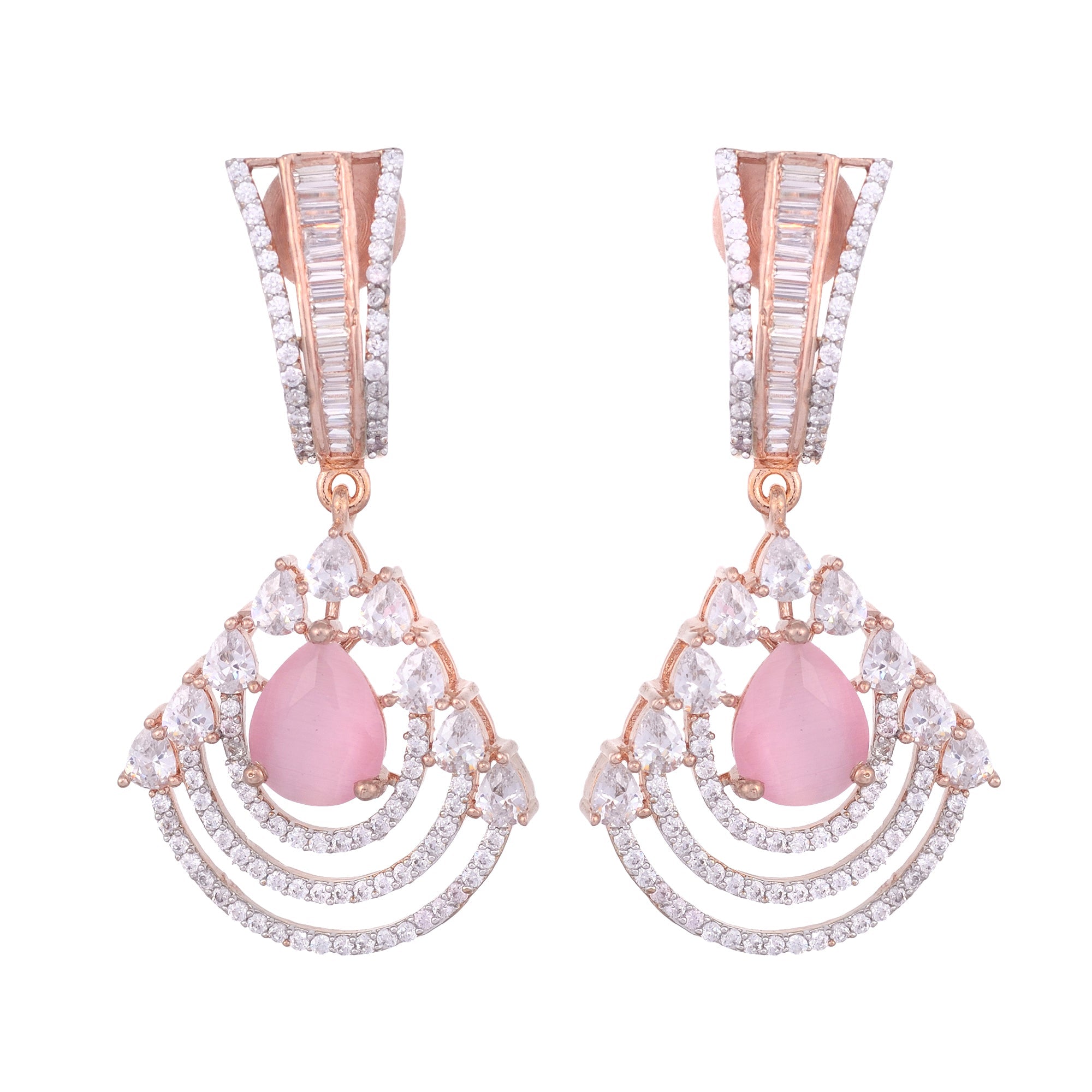 Modern Rose Quartz Danglers Pastel Pink Drop Earrings Ad Studded Rose Gold Plated for Women and Girls
