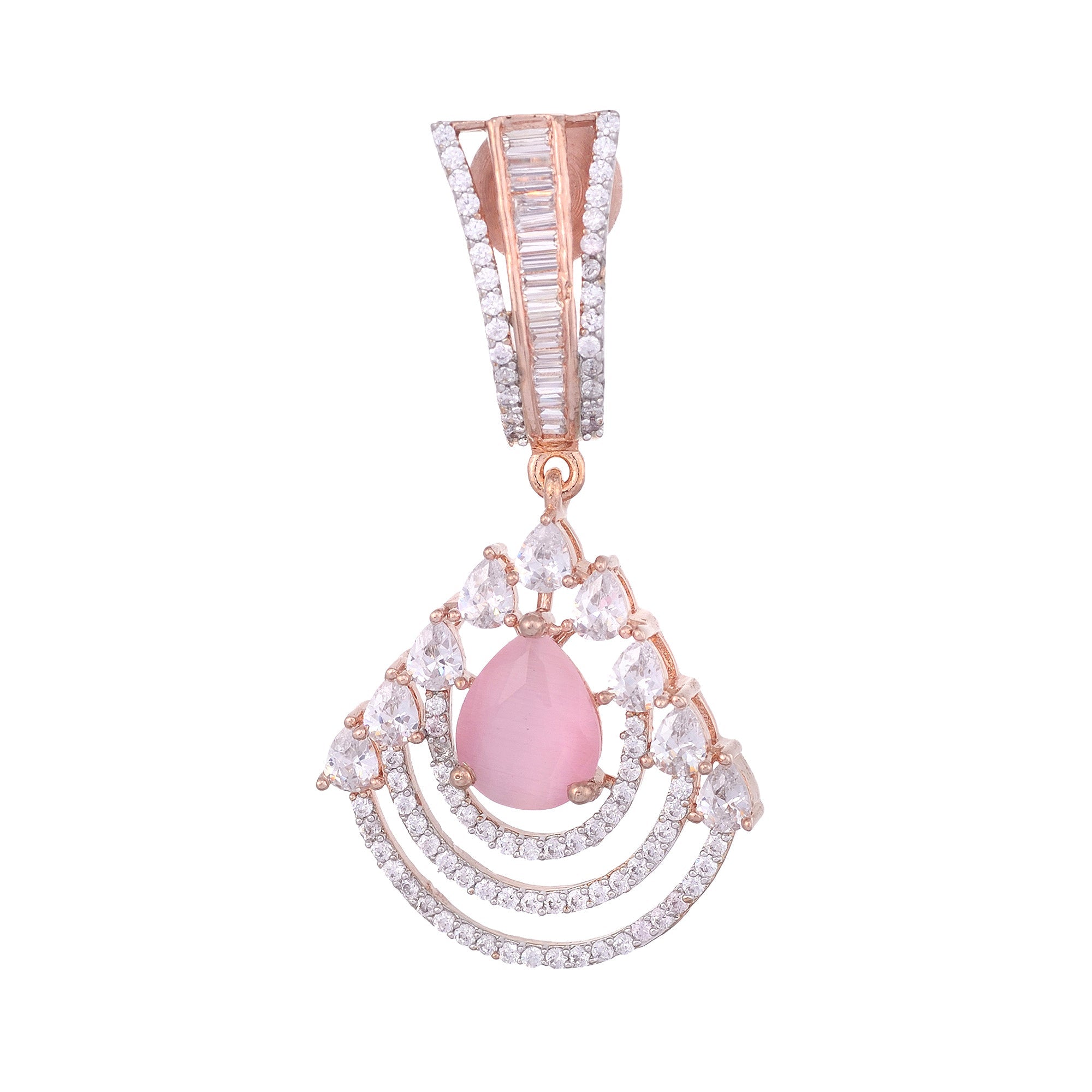 Modern Rose Quartz Danglers Pastel Pink Drop Earrings Ad Studded Rose Gold Plated for Women and Girls
