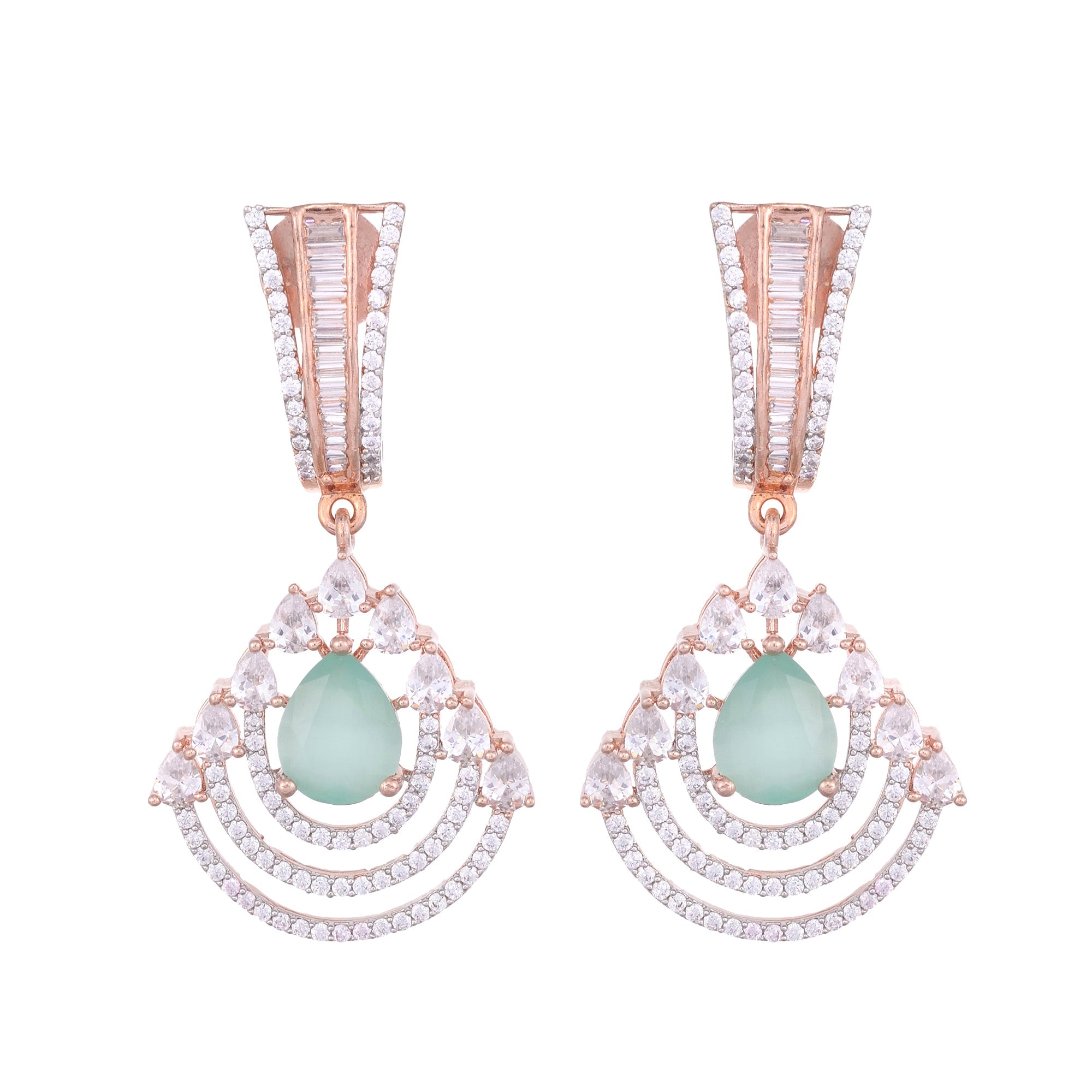 Modern Turquoise Danglers Pastel Blue Drop Earrings Ad Studded Rose Gold Plated for Women and Girls