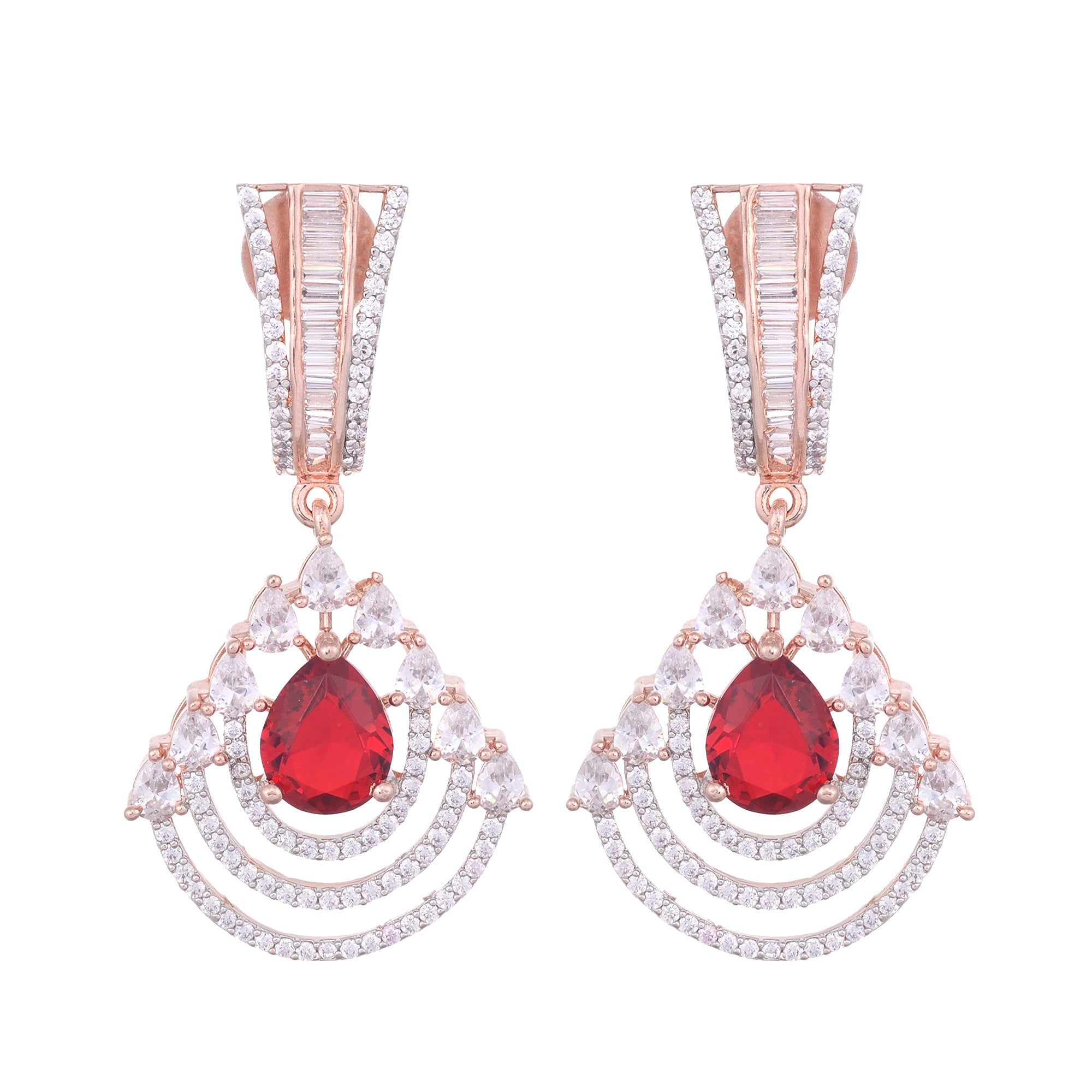 Modern Ruby Danglers Red Drop Earrings Ad Studded Rose Gold Plated for Women and Girls