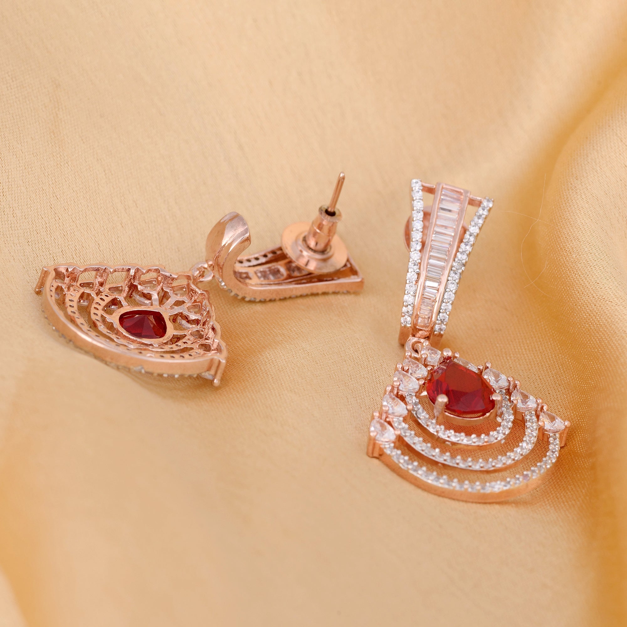 Modern Ruby Danglers Red Drop Earrings Ad Studded Rose Gold Plated for Women and Girls