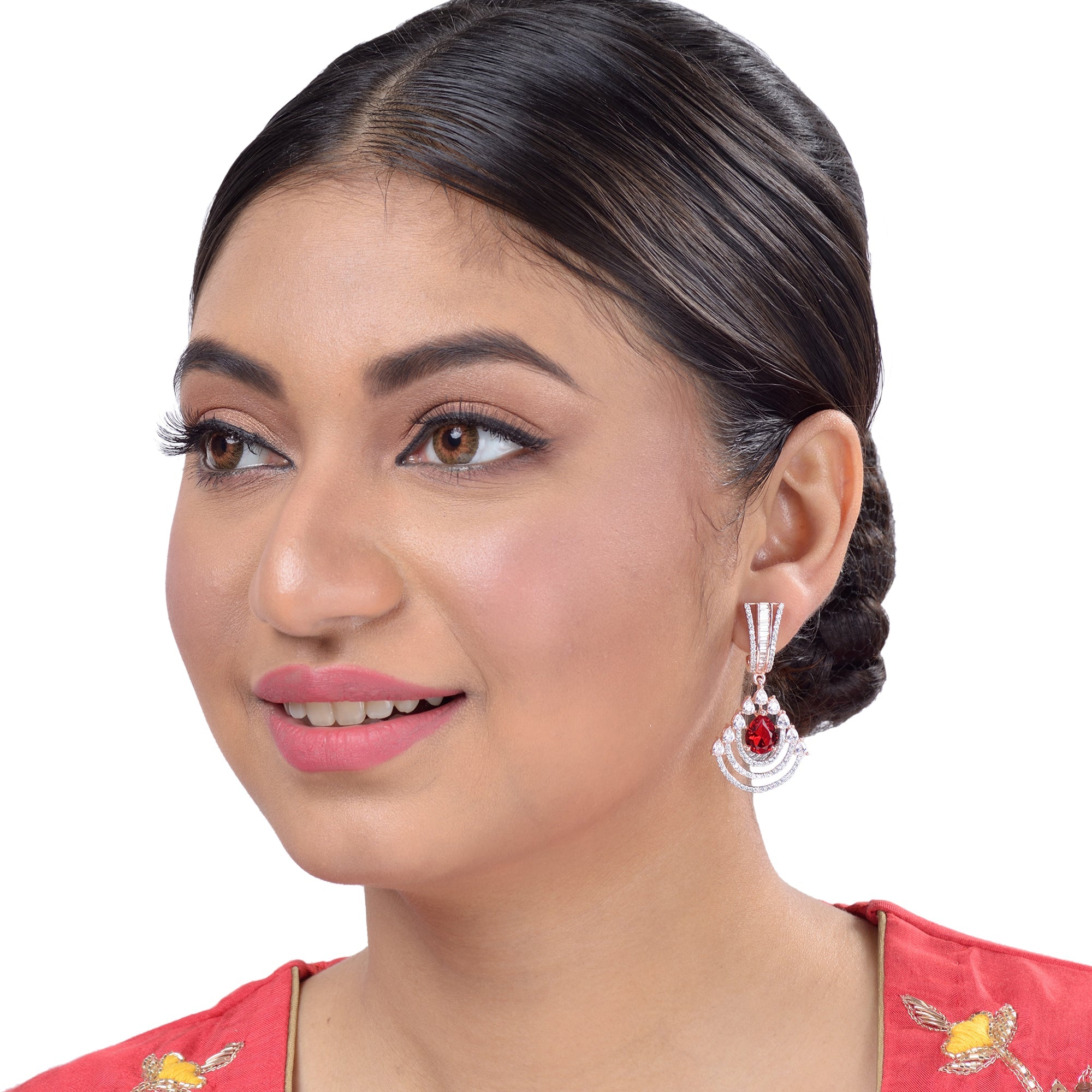 Modern Ruby Danglers Red Drop Earrings Ad Studded Rose Gold Plated for Women and Girls