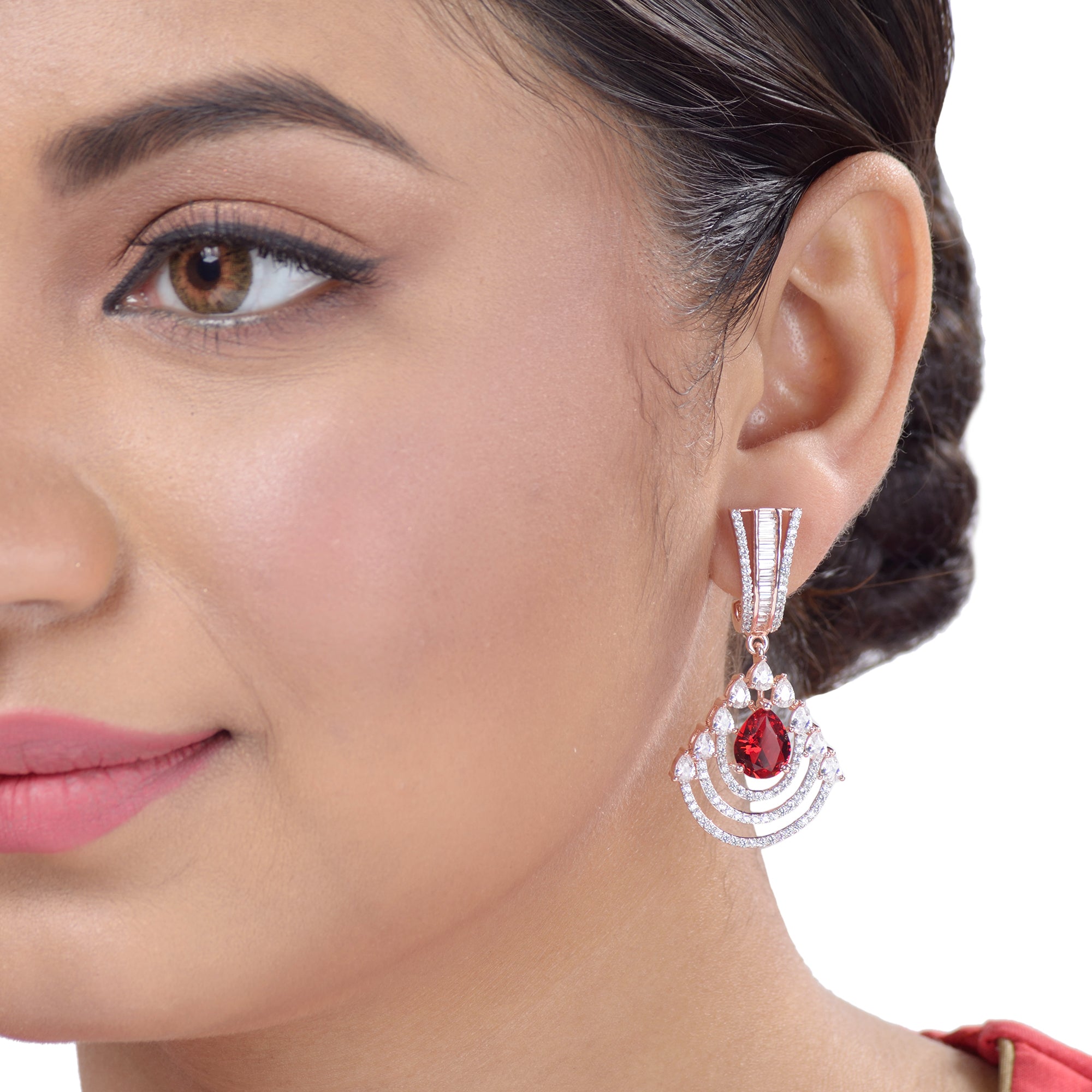 Modern Ruby Danglers Red Drop Earrings Ad Studded Rose Gold Plated for Women and Girls