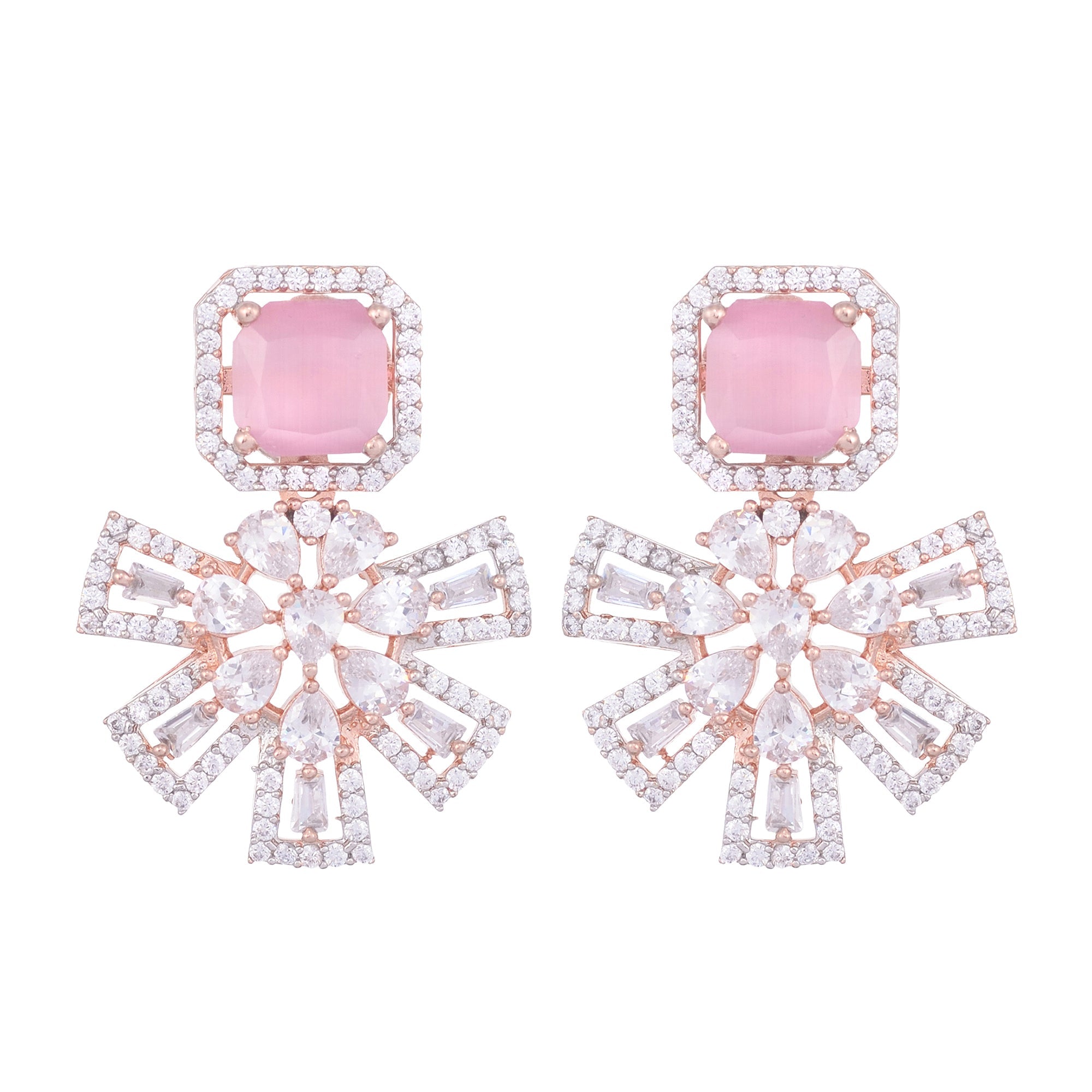 Exquisite Rose Quartz Floral Design Pink Earrings Rose Gold Plated American Diamond Studded for Women and Girls