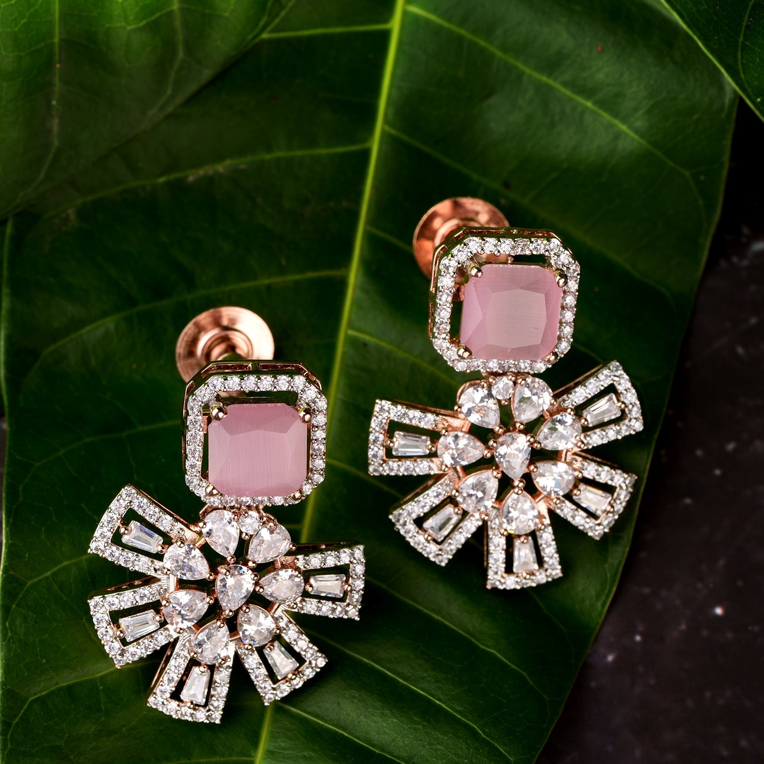 Exquisite Rose Quartz Floral Design Pink Earrings Rose Gold Plated American Diamond Studded for Women and Girls