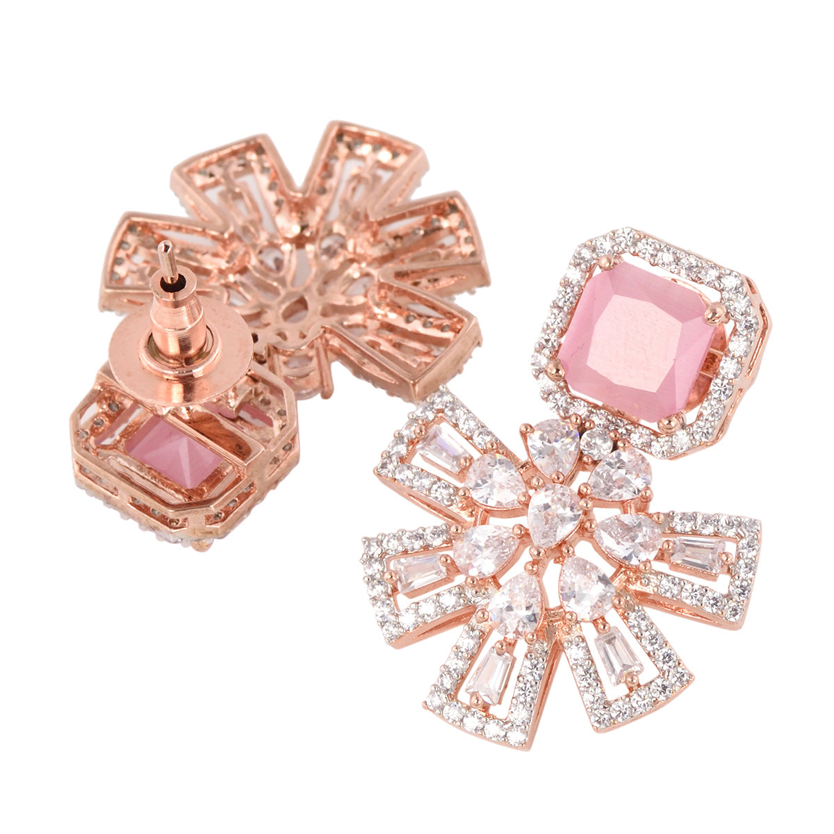 Exquisite Rose Quartz Floral Design Pink Earrings Rose Gold Plated American Diamond Studded for Women and Girls