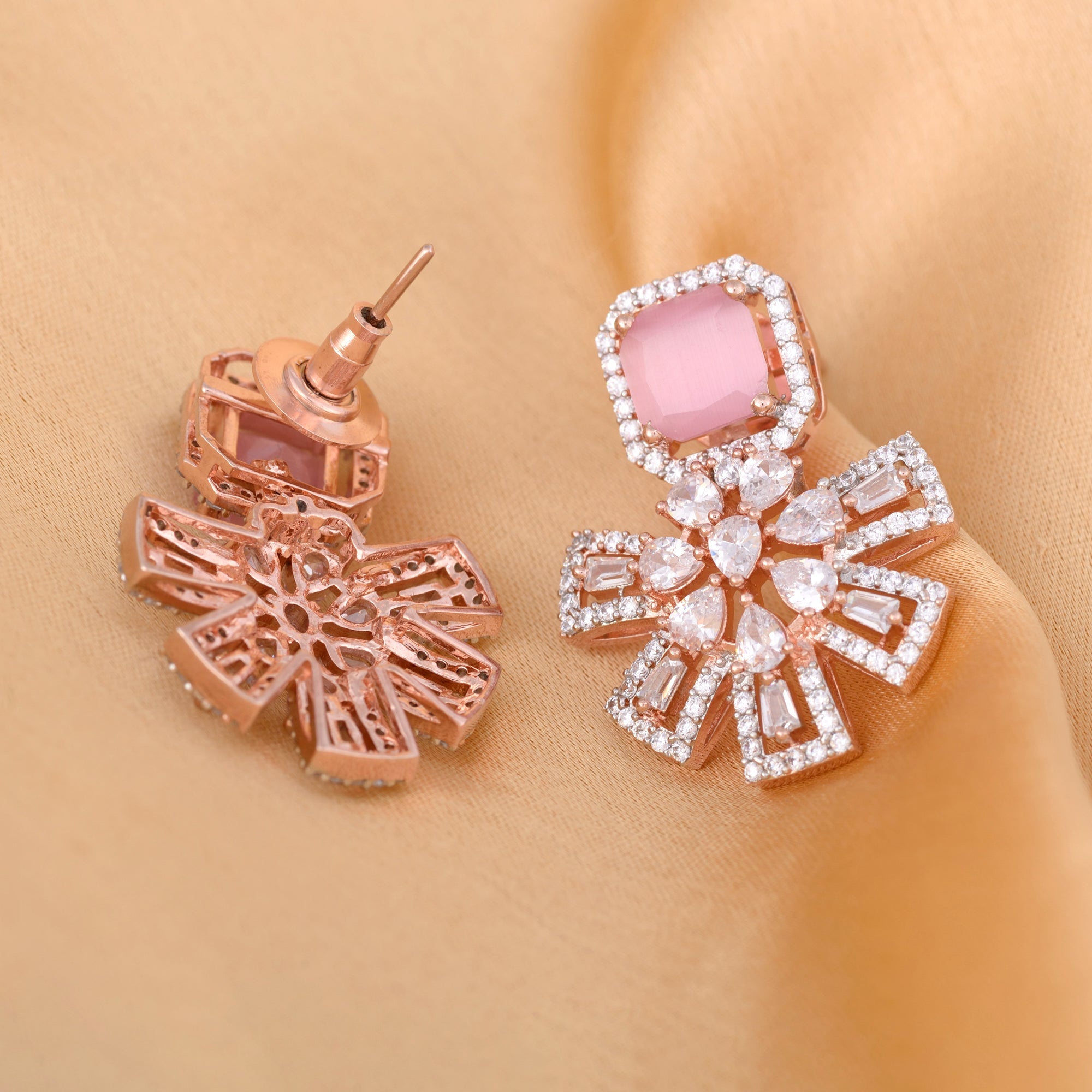 Exquisite Rose Quartz Floral Design Pink Earrings Rose Gold Plated American Diamond Studded for Women and Girls