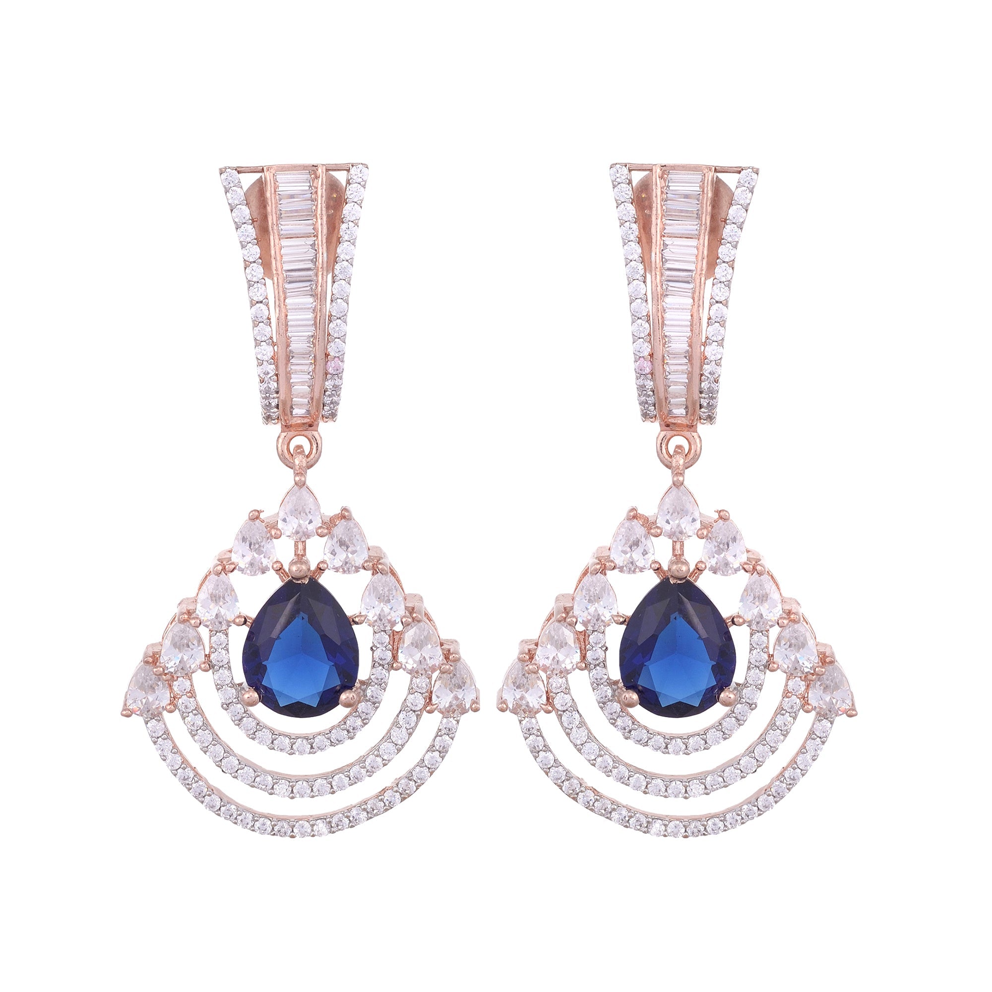 Modern Sapphire Danglers Blue Drop Earrings Ad Studded Rose Gold Plated for Women and Girls