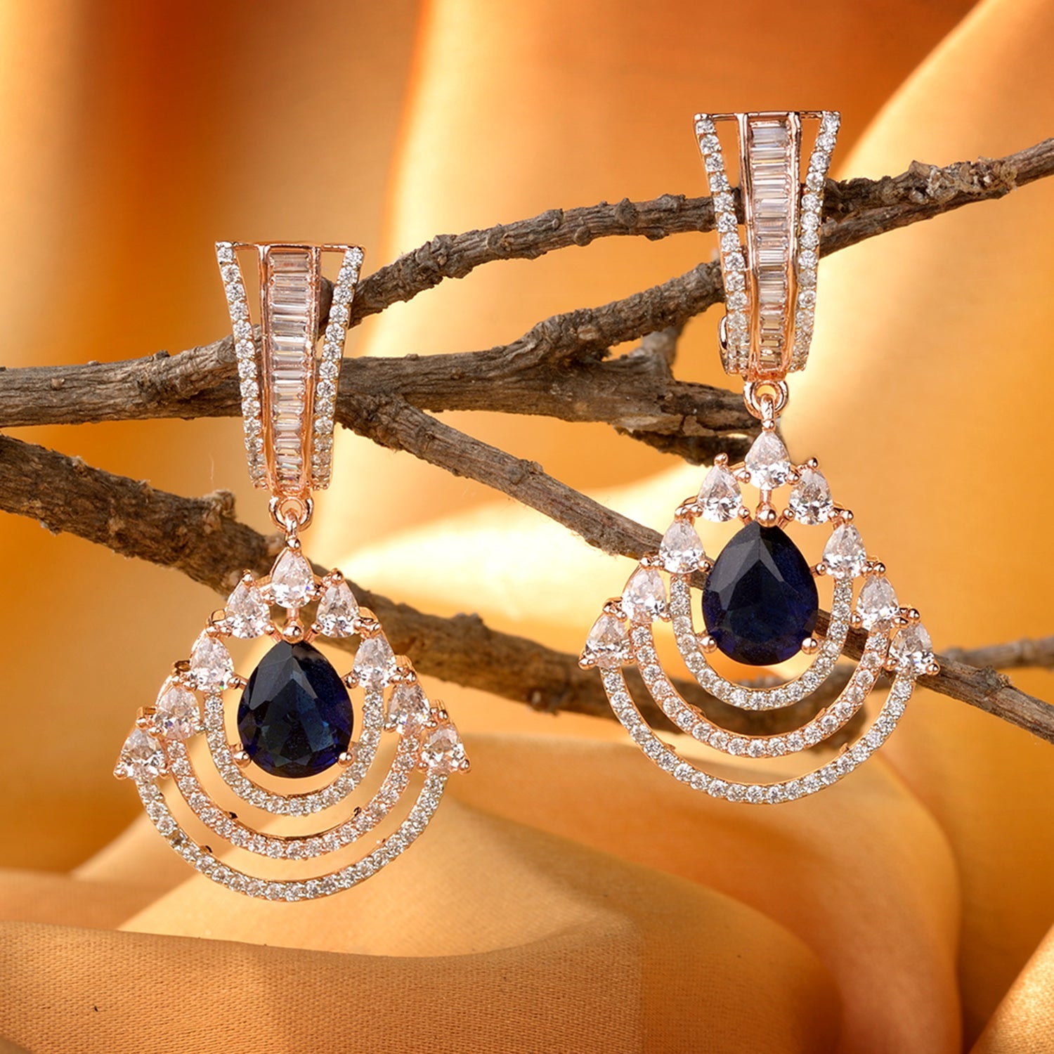 Modern Sapphire Danglers Blue Drop Earrings Ad Studded Rose Gold Plated for Women and Girls