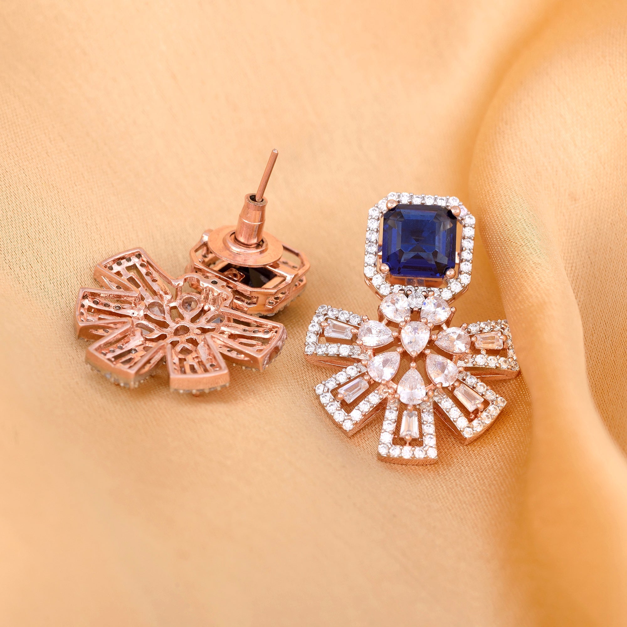 Exquisite Sapphire Floral Design Blue Earrings Rose Gold Plated American Diamond Studded for Women and Girls