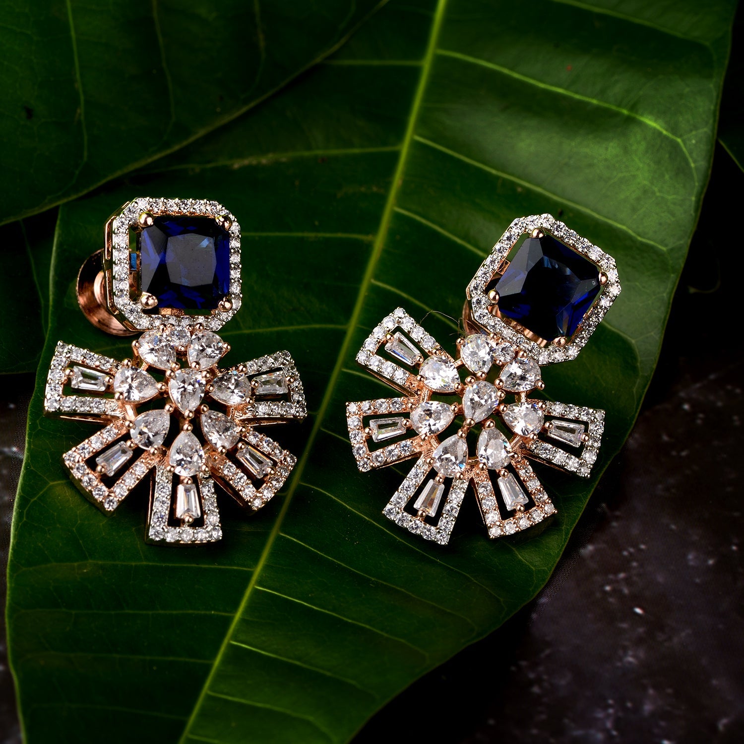 Exquisite Sapphire Floral Design Blue Earrings Rose Gold Plated American Diamond Studded for Women and Girls