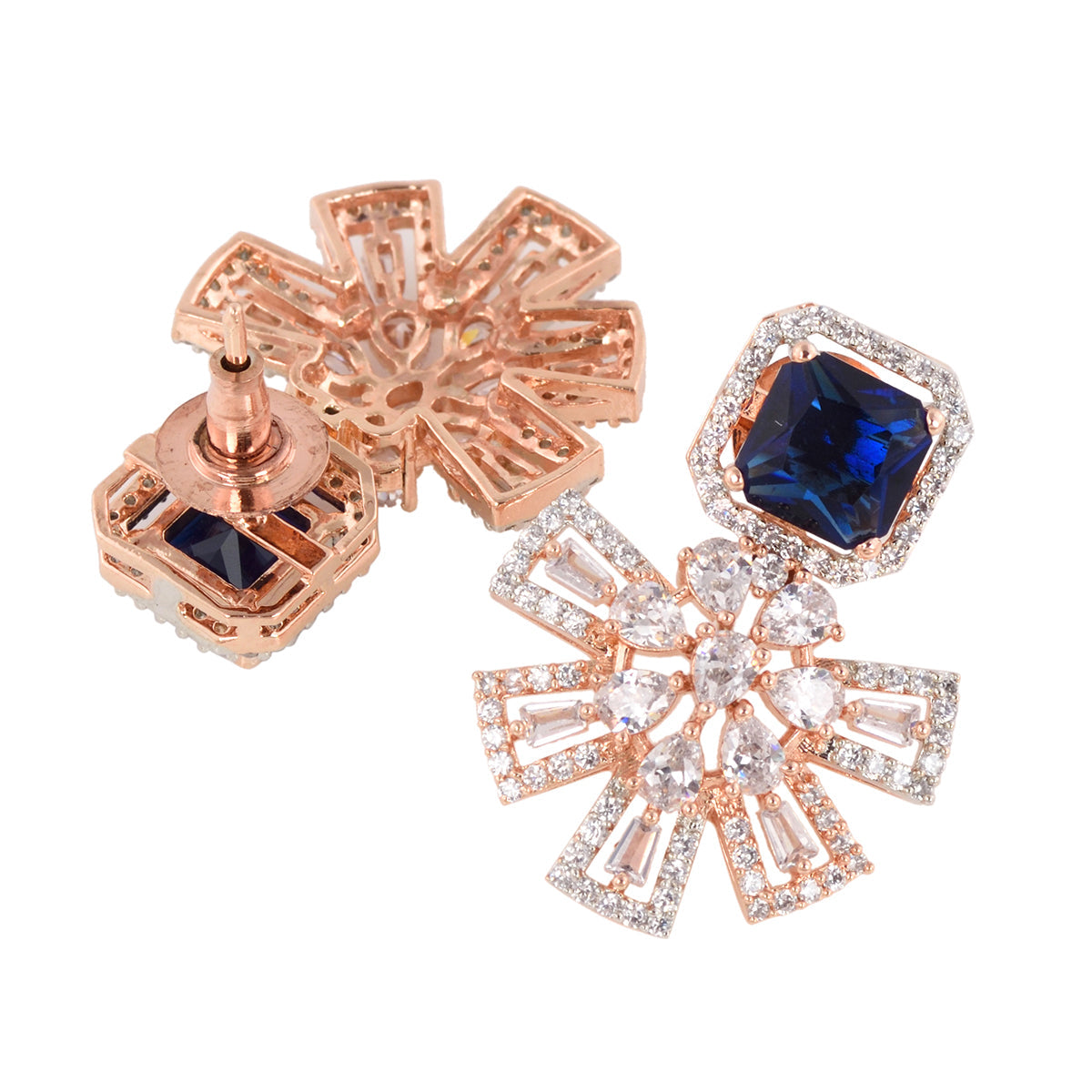 Exquisite Sapphire Floral Design Blue Earrings Rose Gold Plated American Diamond Studded for Women and Girls