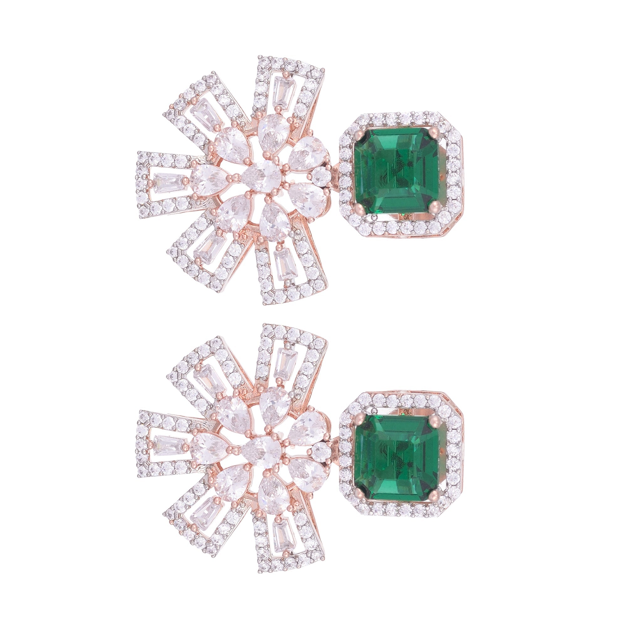 Exquisite Emerald Floral Design Green Earrings Rose Gold Plated American Diamond Studded for Women and Girls