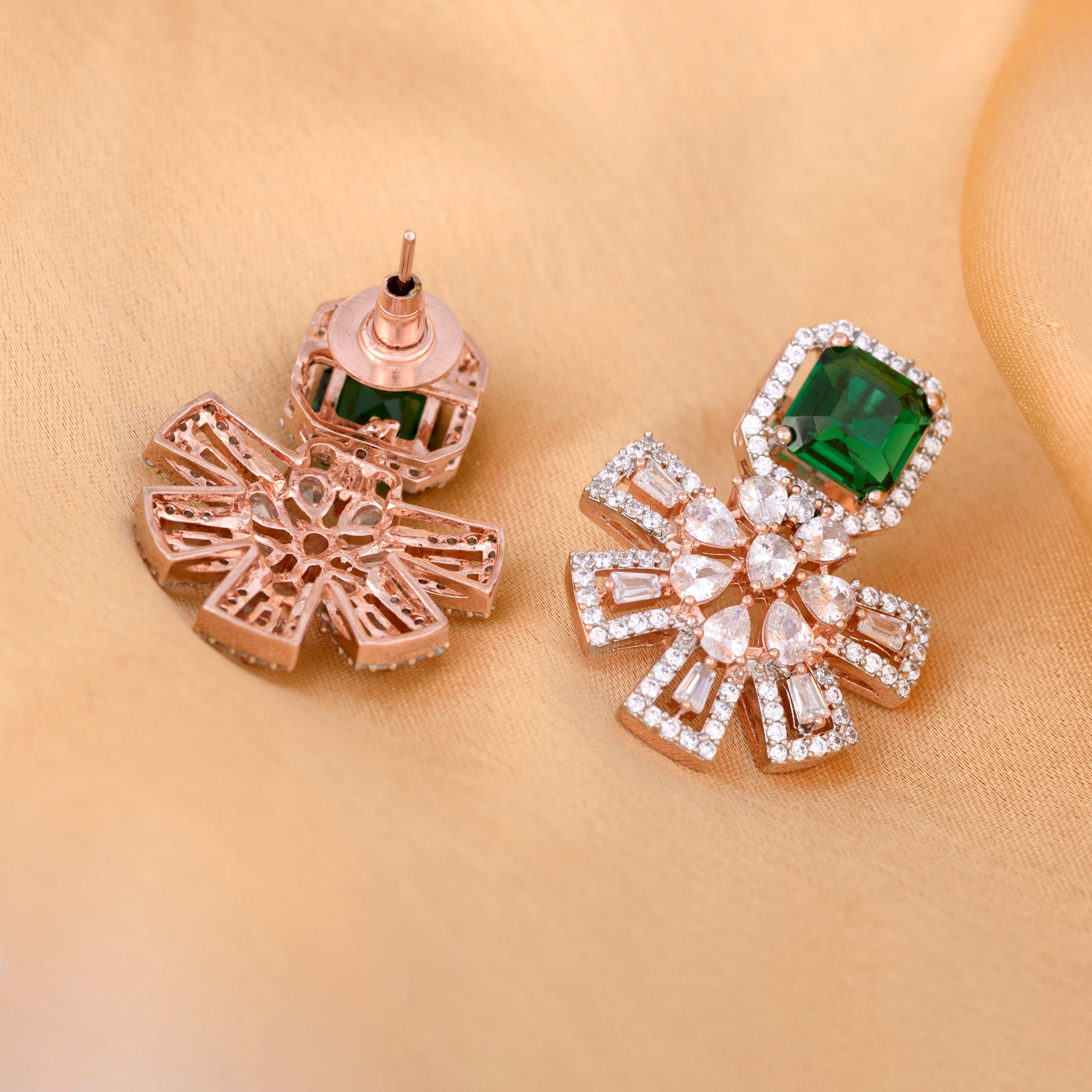 Exquisite Emerald Floral Design Green Earrings Rose Gold Plated American Diamond Studded for Women and Girls