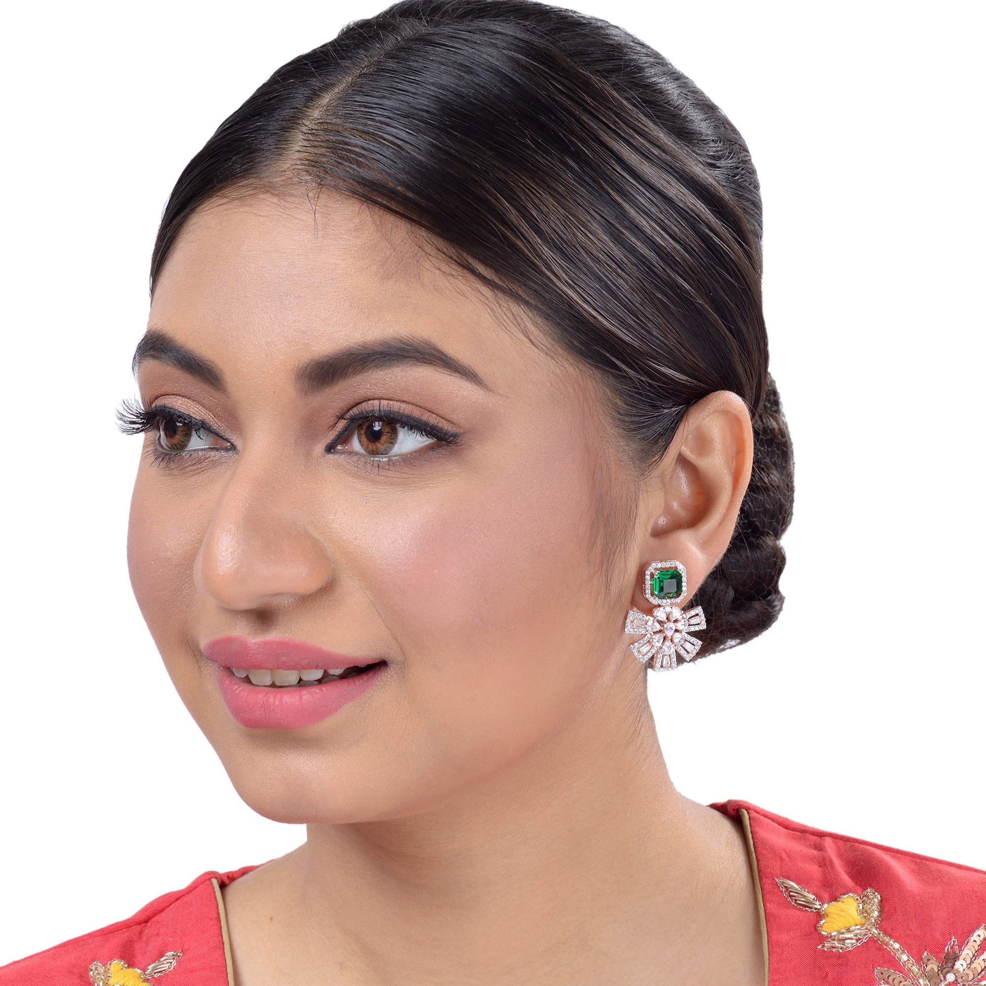 Exquisite Emerald Floral Design Green Earrings Rose Gold Plated American Diamond Studded for Women and Girls