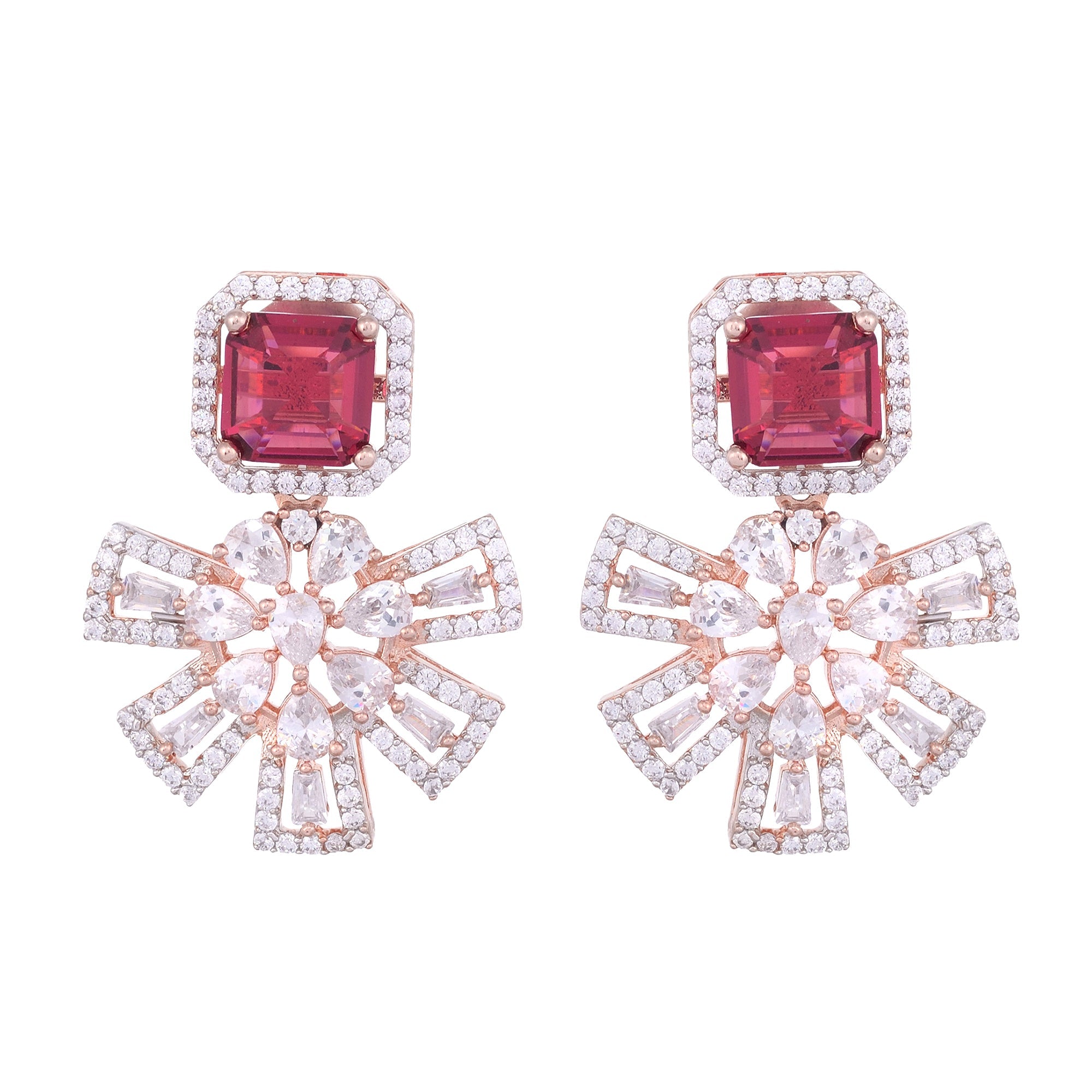 Exquisite Ruby Floral Design Red Earrings Rose Gold Plated American Diamond Studded for Women and Girls