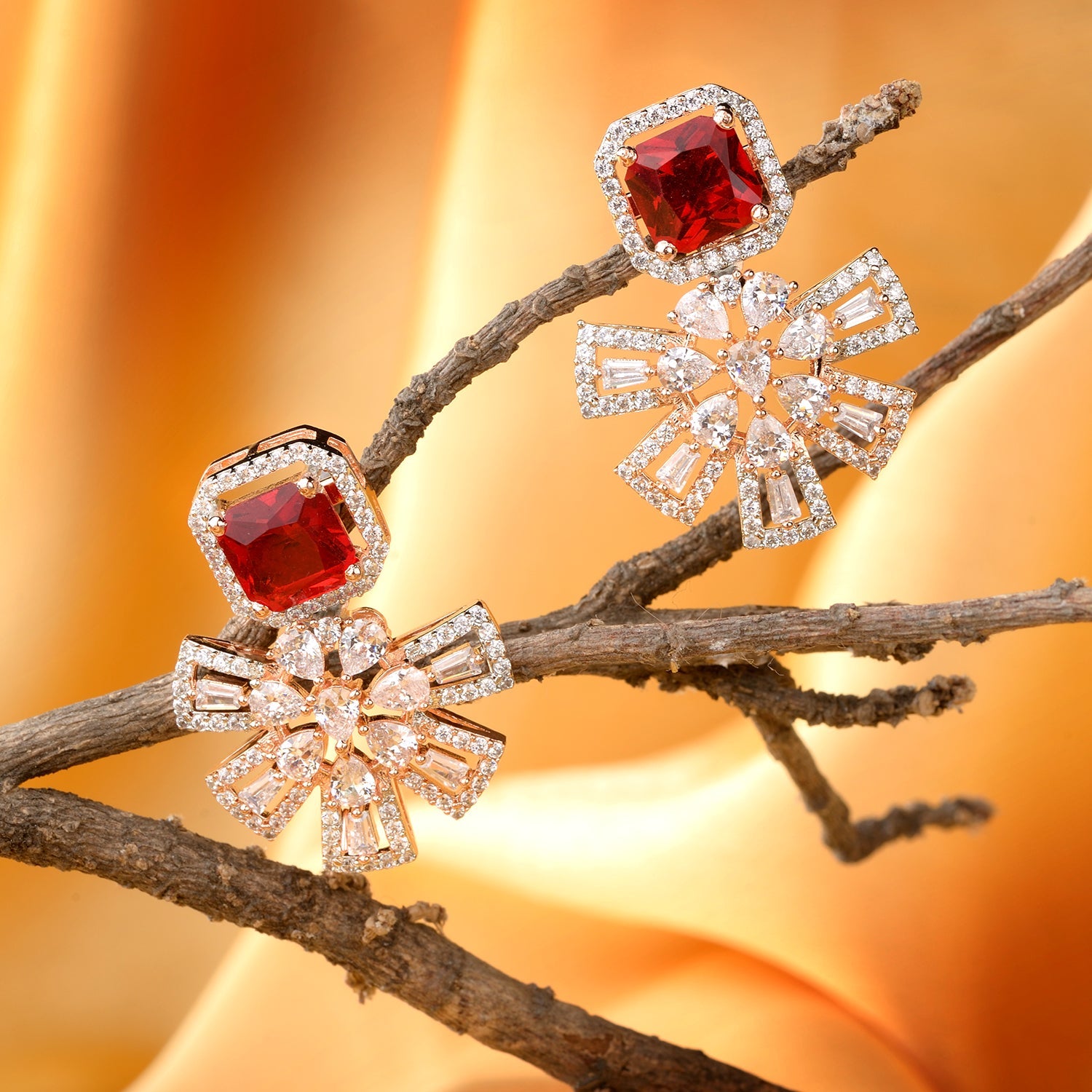 Exquisite Ruby Floral Design Red Earrings Rose Gold Plated American Diamond Studded for Women and Girls