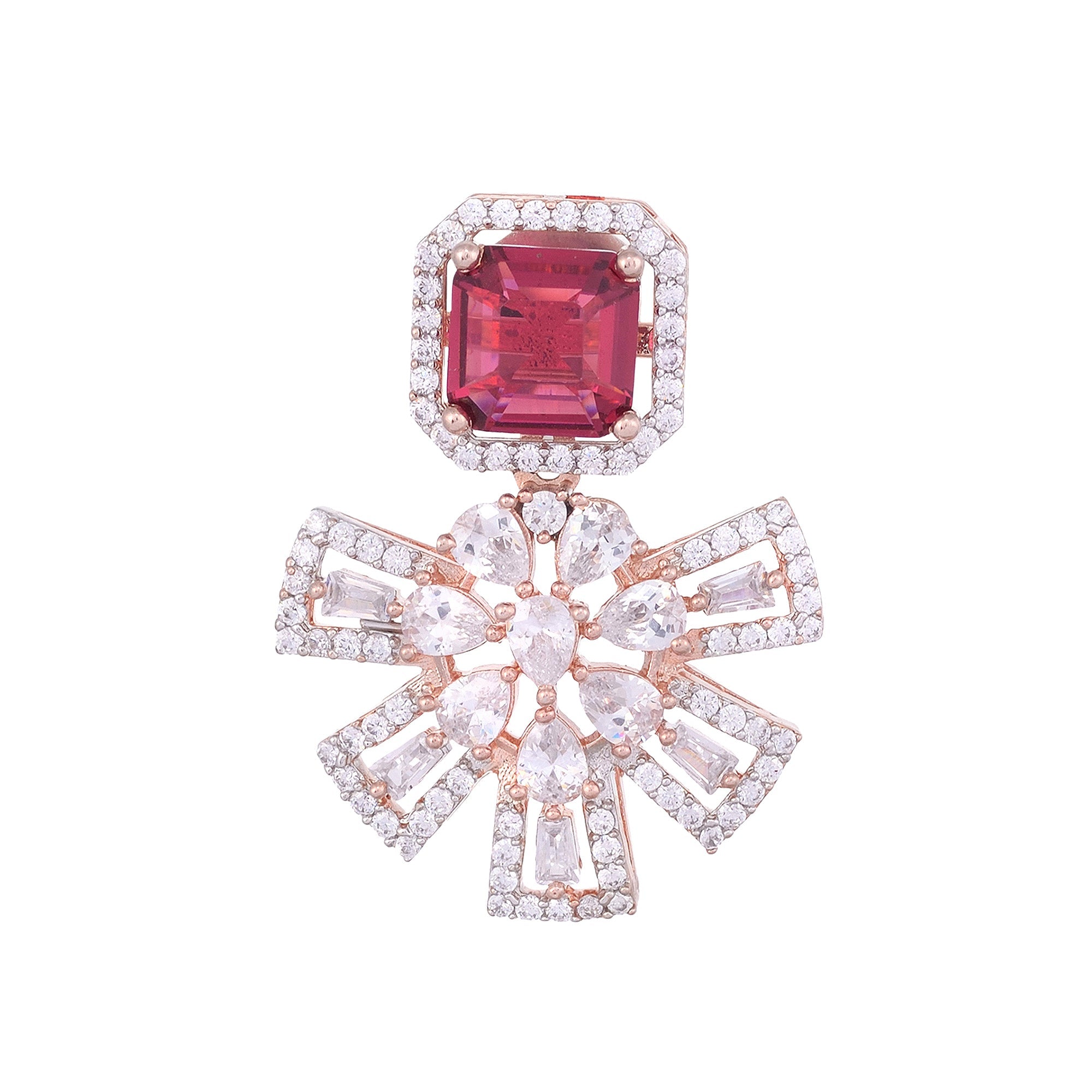 Exquisite Ruby Floral Design Red Earrings Rose Gold Plated American Diamond Studded for Women and Girls