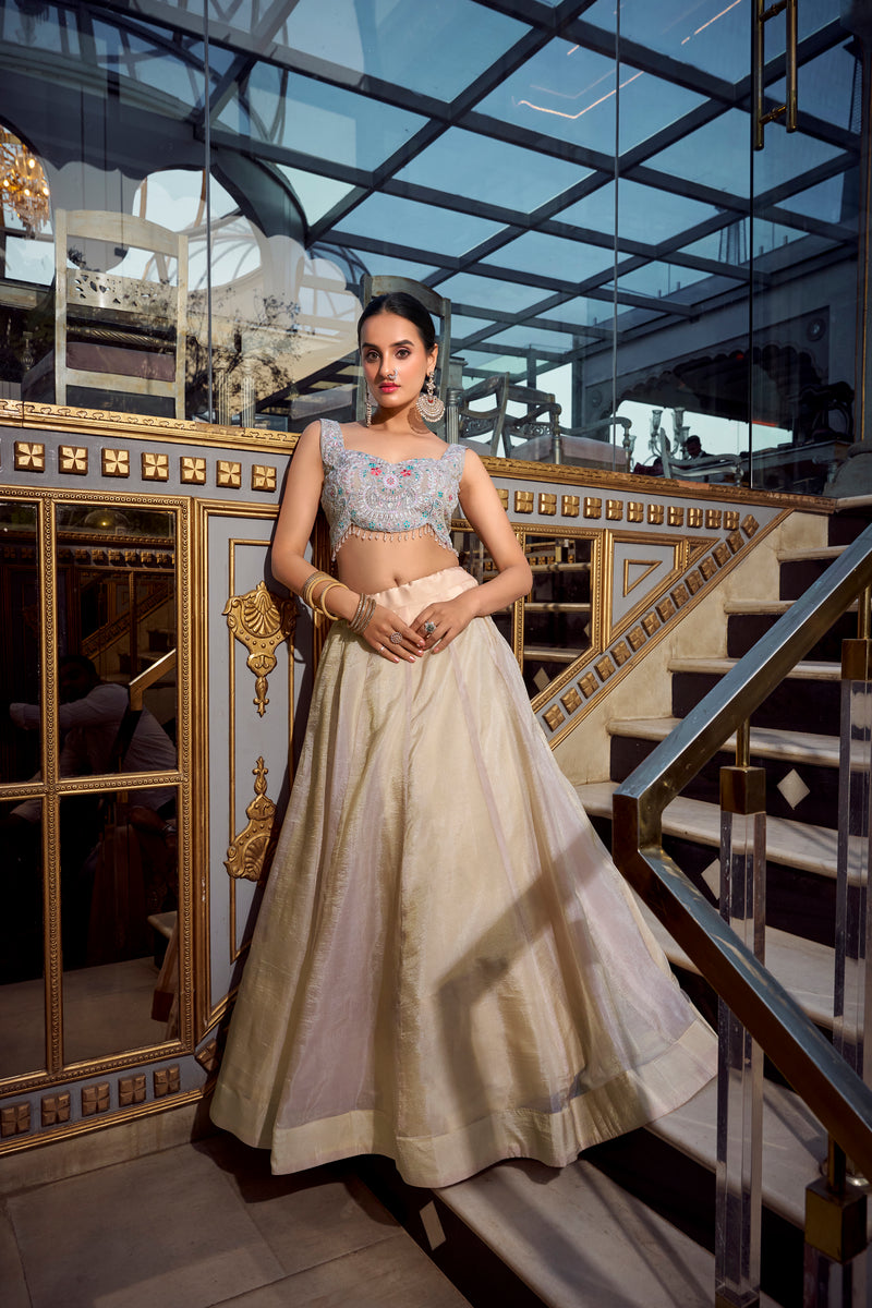 Women's Cream Gold Crush Fabric Plain Lehenga With Sequins And Thread ...