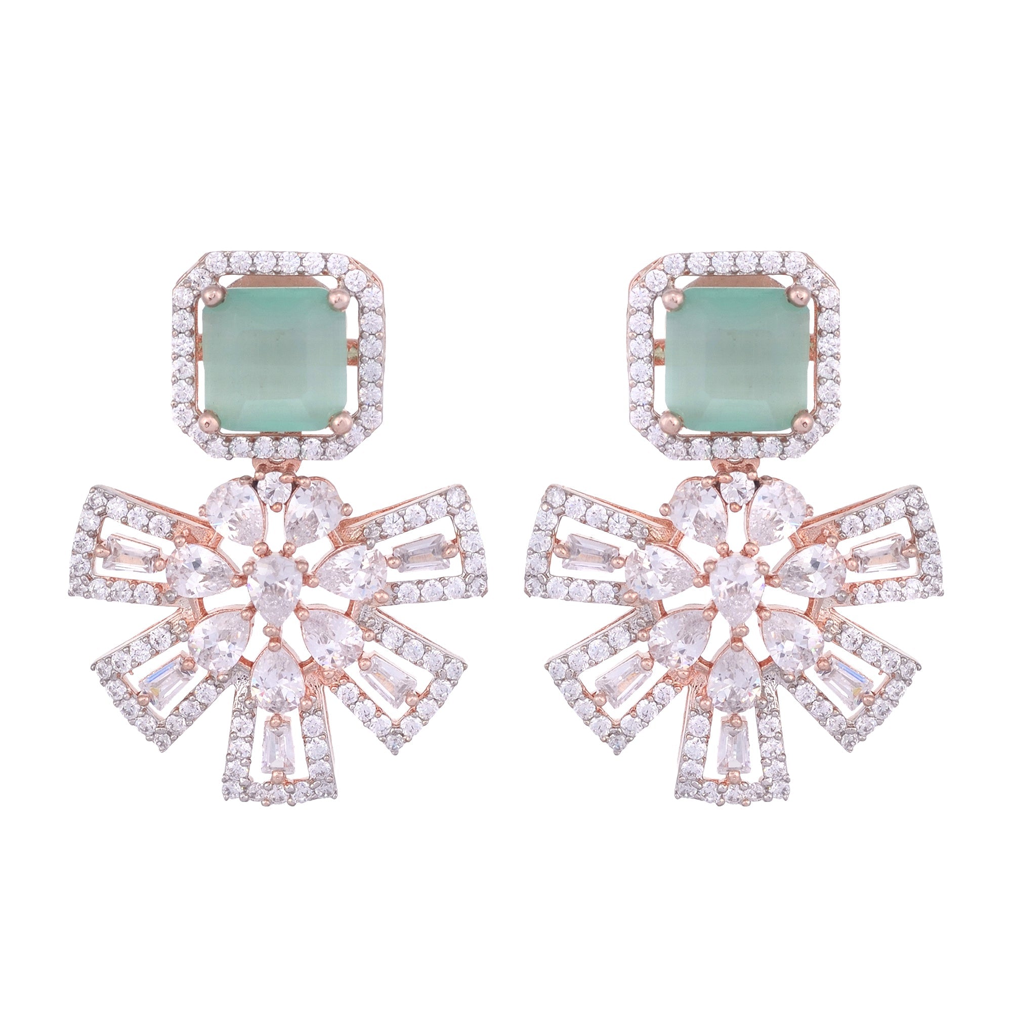 Exquisite Turquoise Floral Design Pastel Blue Earrings Rose Gold Plated American Diamond Studded for Women and Girls
