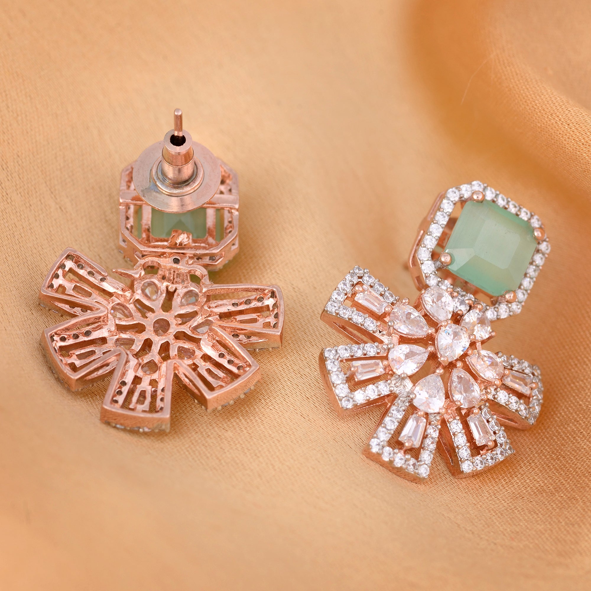 Exquisite Turquoise Floral Design Pastel Blue Earrings Rose Gold Plated American Diamond Studded for Women and Girls