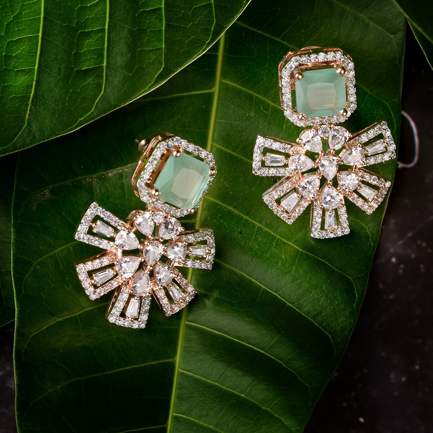 Exquisite Turquoise Floral Design Pastel Blue Earrings Rose Gold Plated American Diamond Studded for Women and Girls