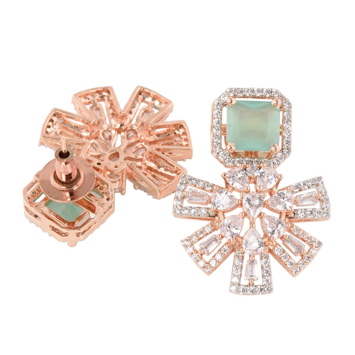 Exquisite Turquoise Floral Design Pastel Blue Earrings Rose Gold Plated American Diamond Studded for Women and Girls