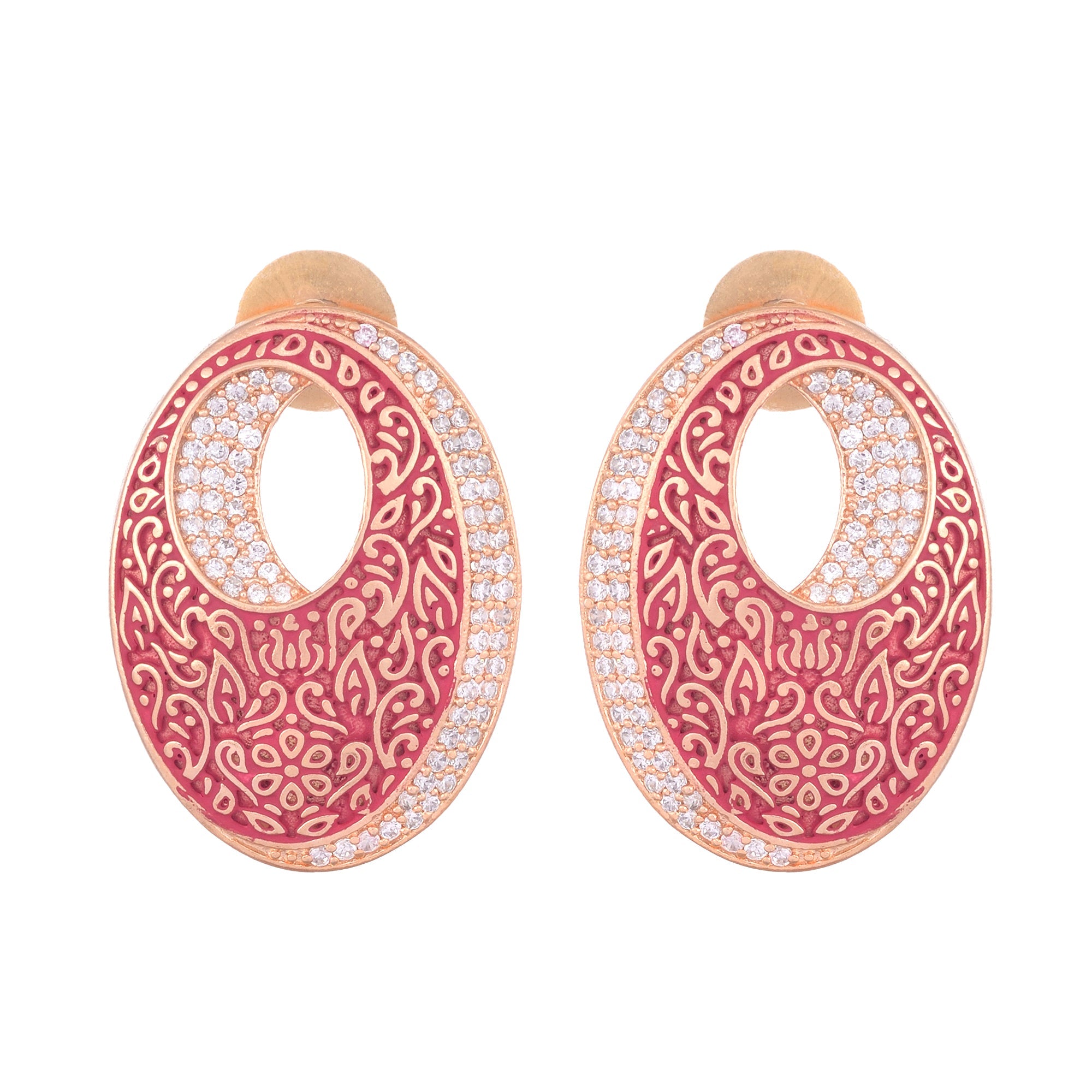 Oval Red Meenakari Small Earrings High Quality Enamelled Rose Gold Plated for Women and Girls